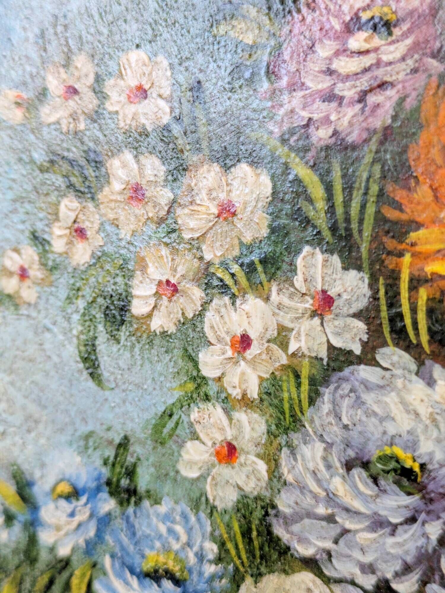Antique oil painting, bouquet of peonies, ornate gilded frame