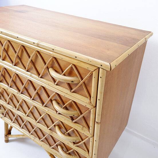 Commode vintage en bambou, rotin et osier à 4 tiroirs