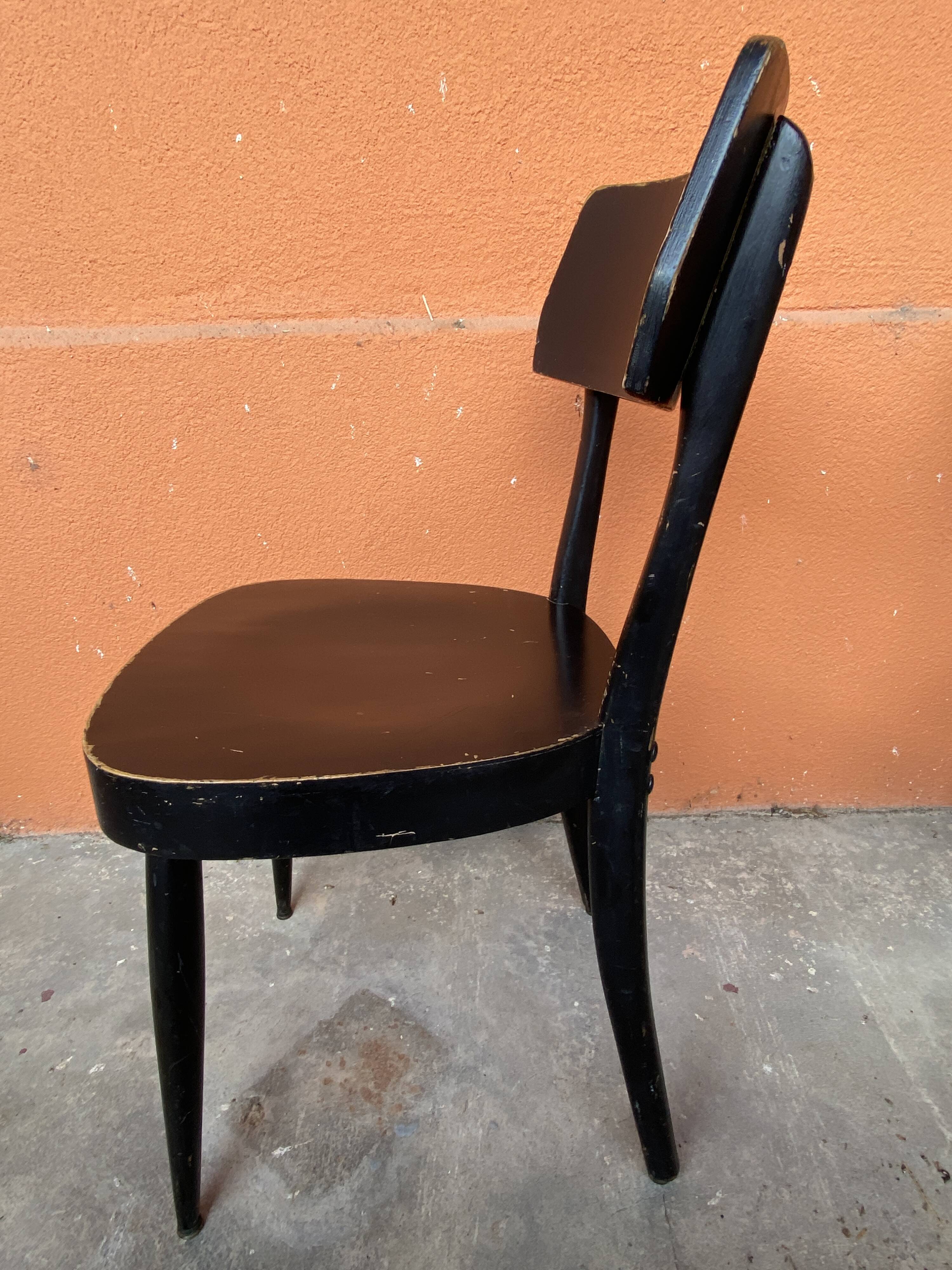 6 patinated curved wood bistro chairs