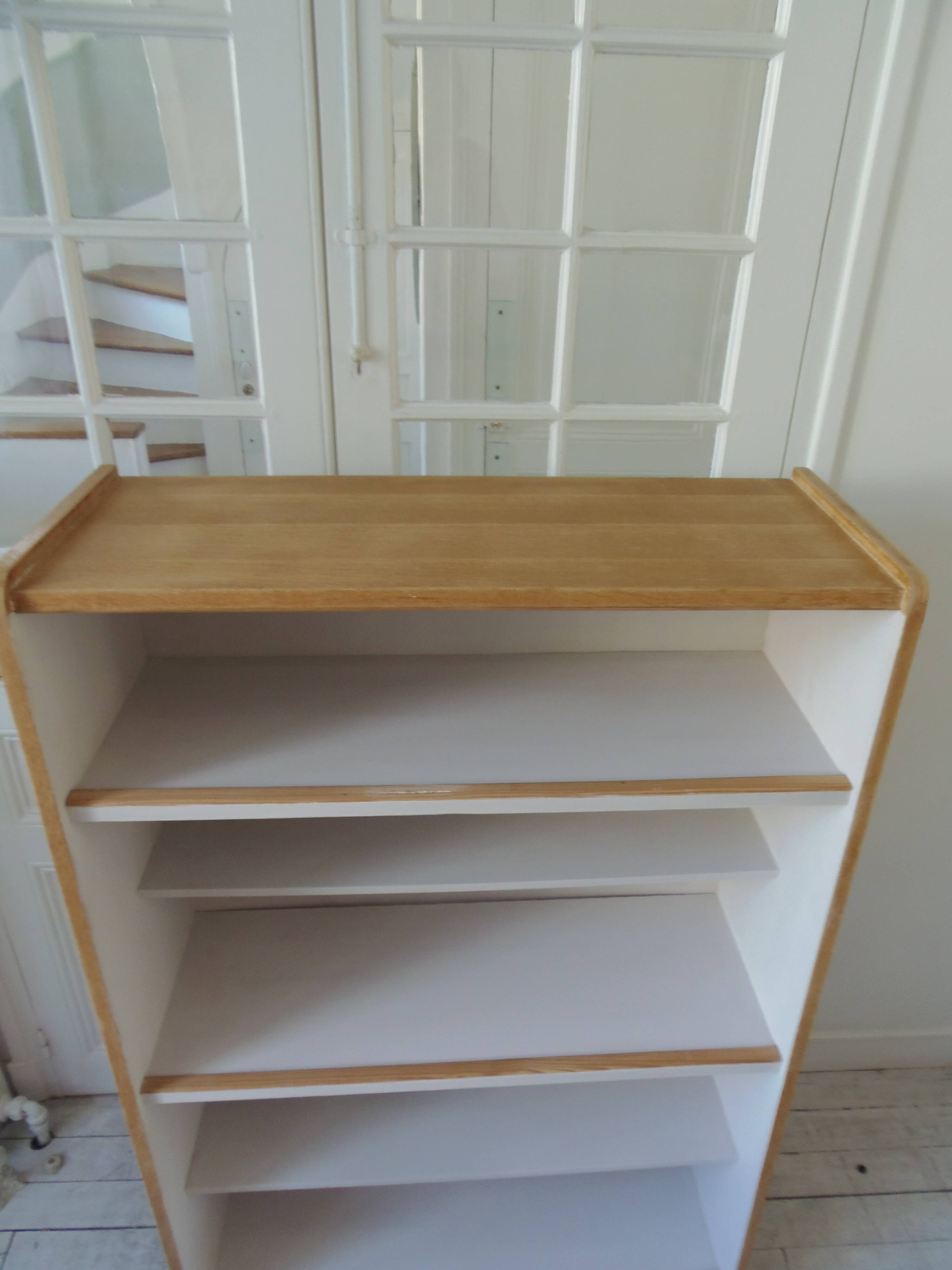 Vintage bookshelf in oak veneer, pearl grey interior, metal legs.