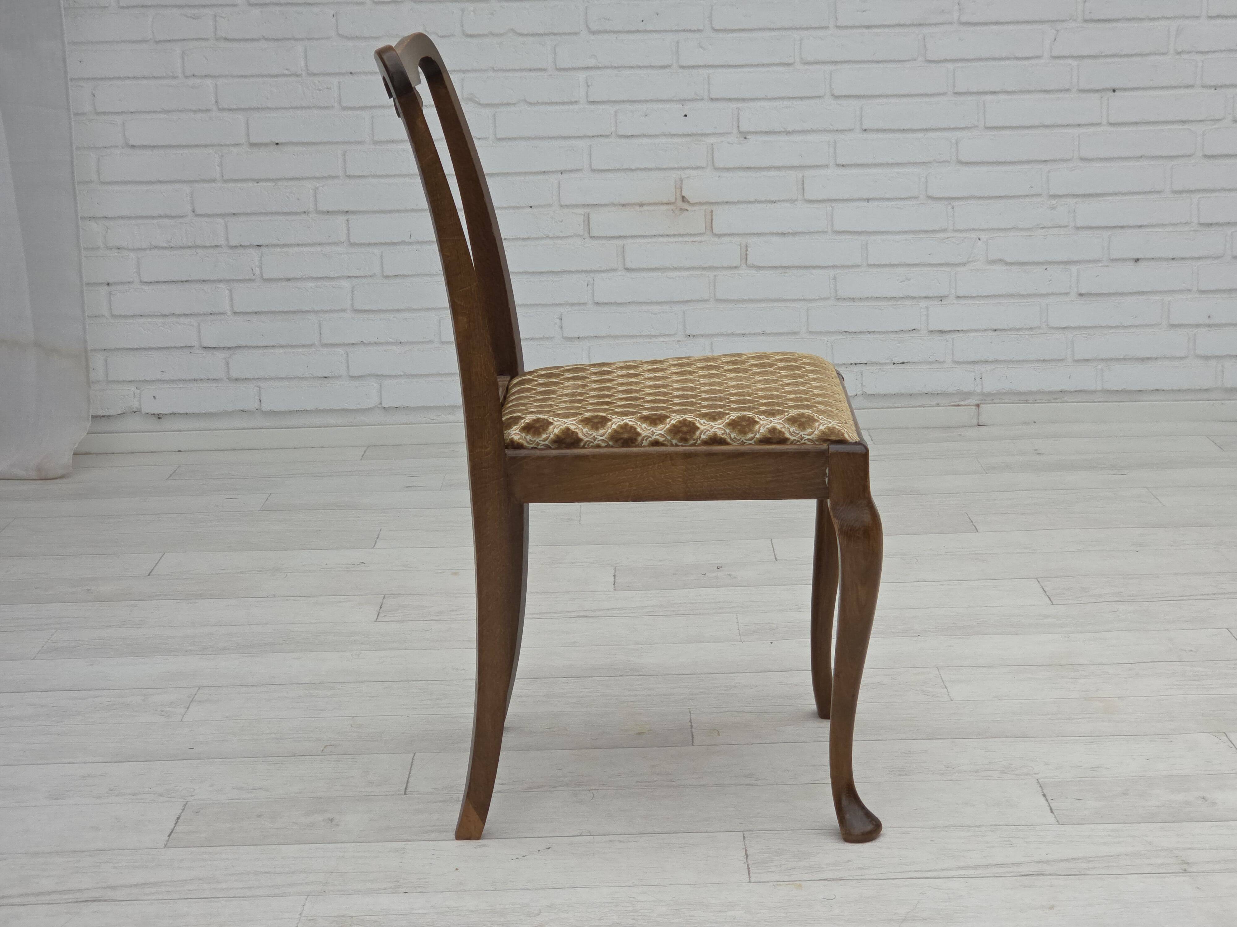 1930s, set of 6 Danish chairs, furniture velour, oak wood, reupholstered.