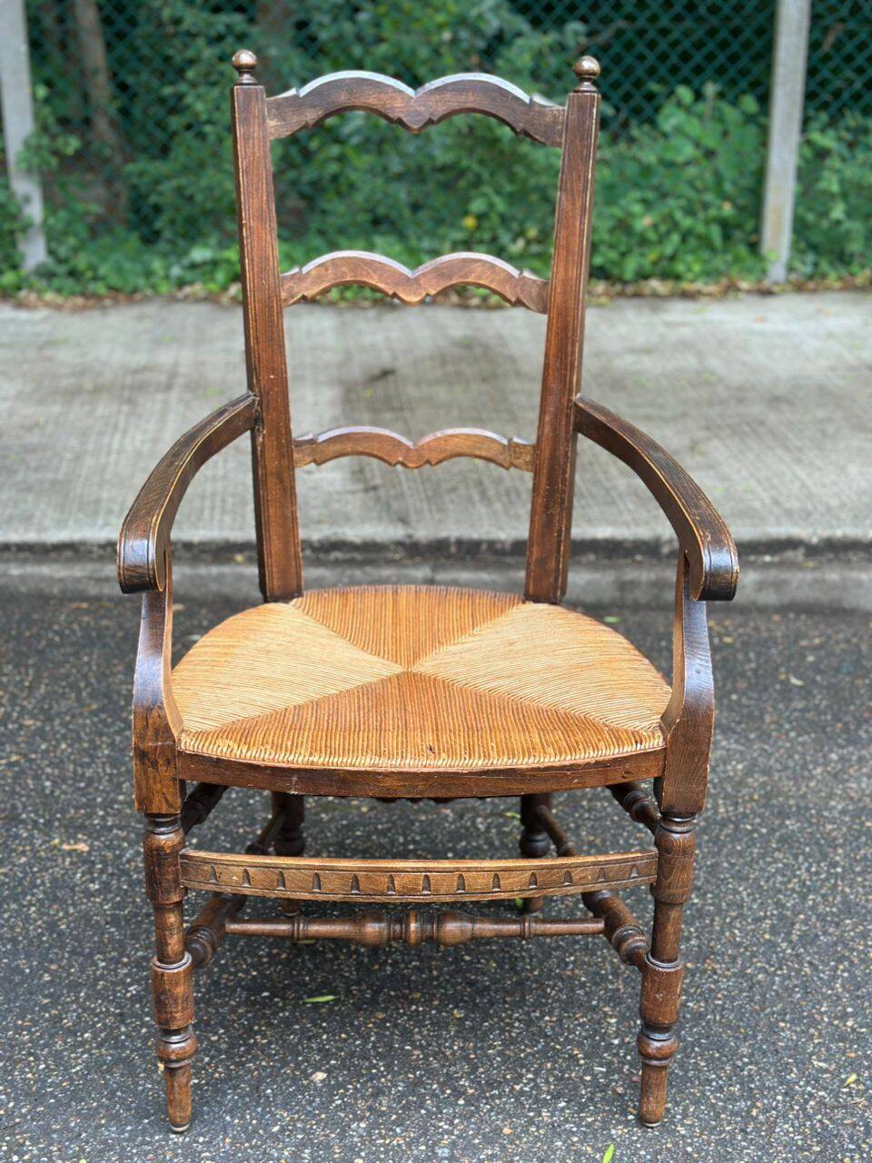 19th-century solid wood straw chair 111cm