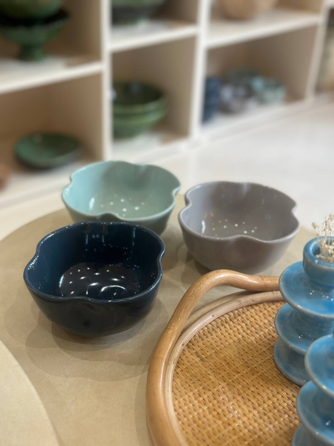 Handmade glazed ceramic bowl with sky blue pop clover flower