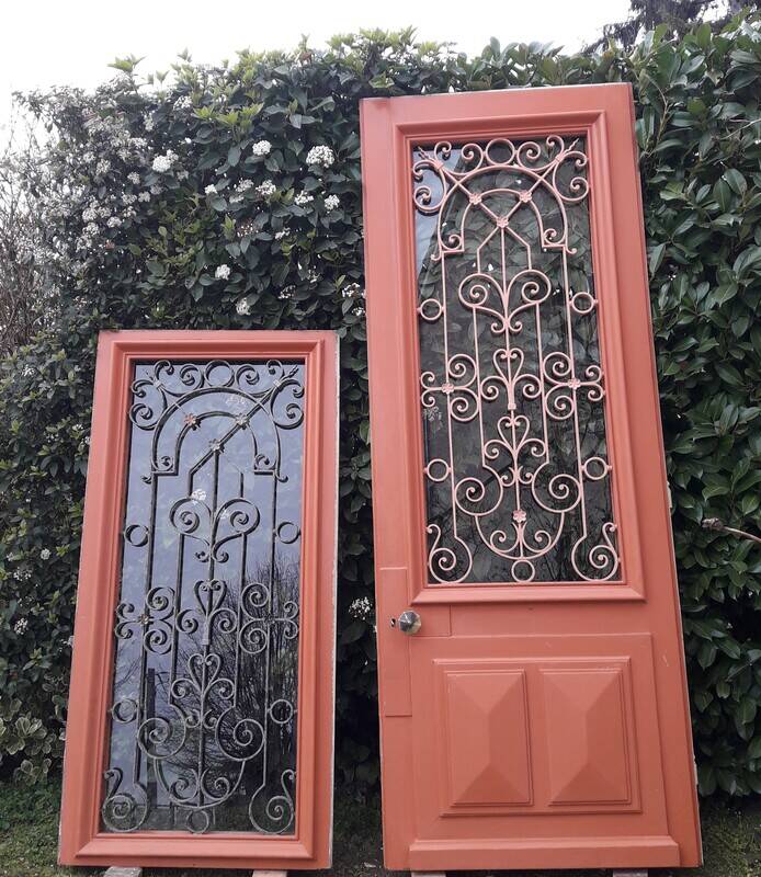 Window frame 179x88cm walnut oak wrought iron grille opening glass panel