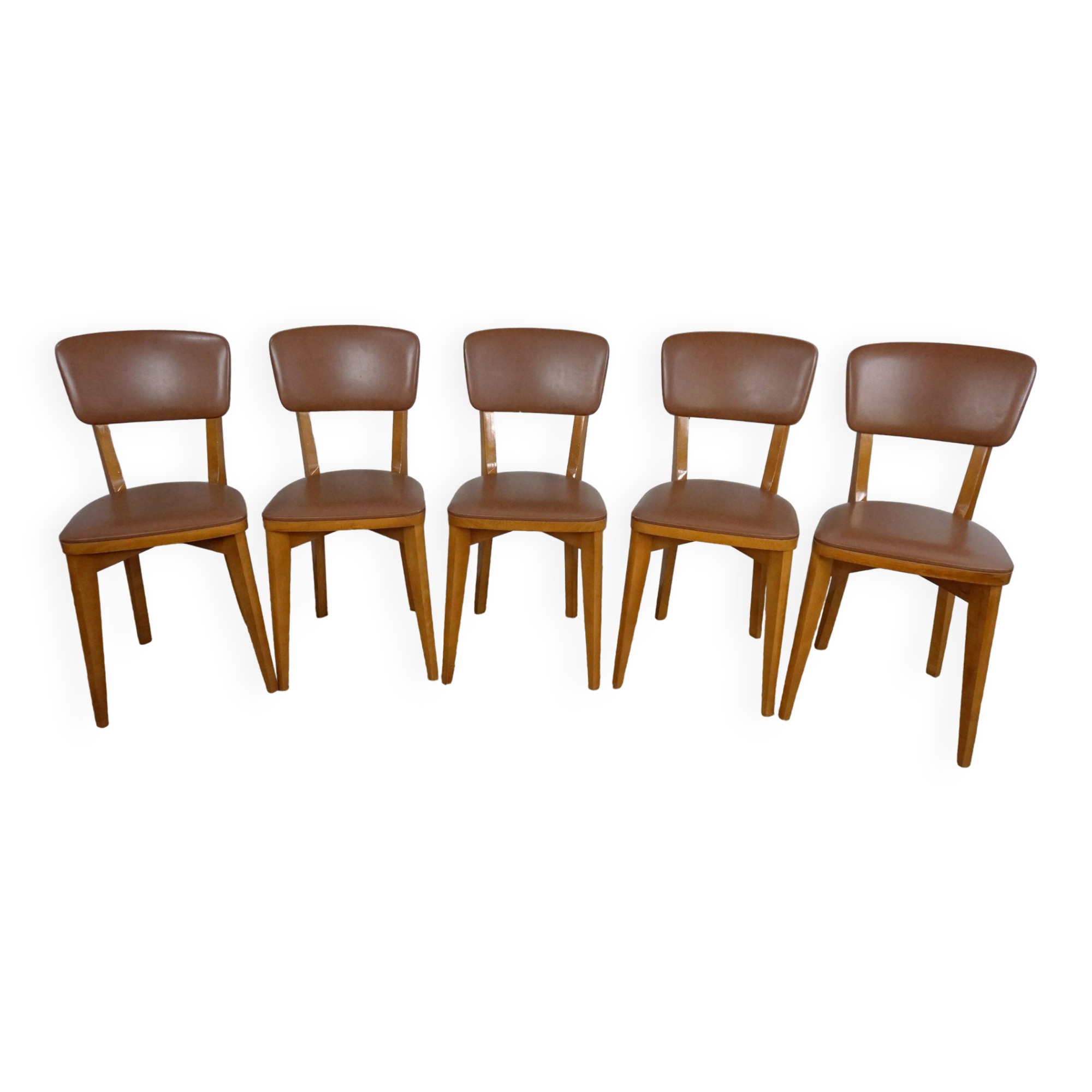 5 1960s Scandinavian style chairs in brown wood and skai, French handcrafted by Raincy