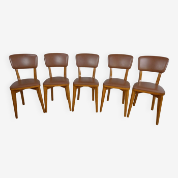 5 1960s Scandinavian style chairs in brown wood and skai, French handcrafted by Raincy