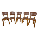 5 1960s Scandinavian style chairs in brown wood and skai, French handcrafted by Raincy