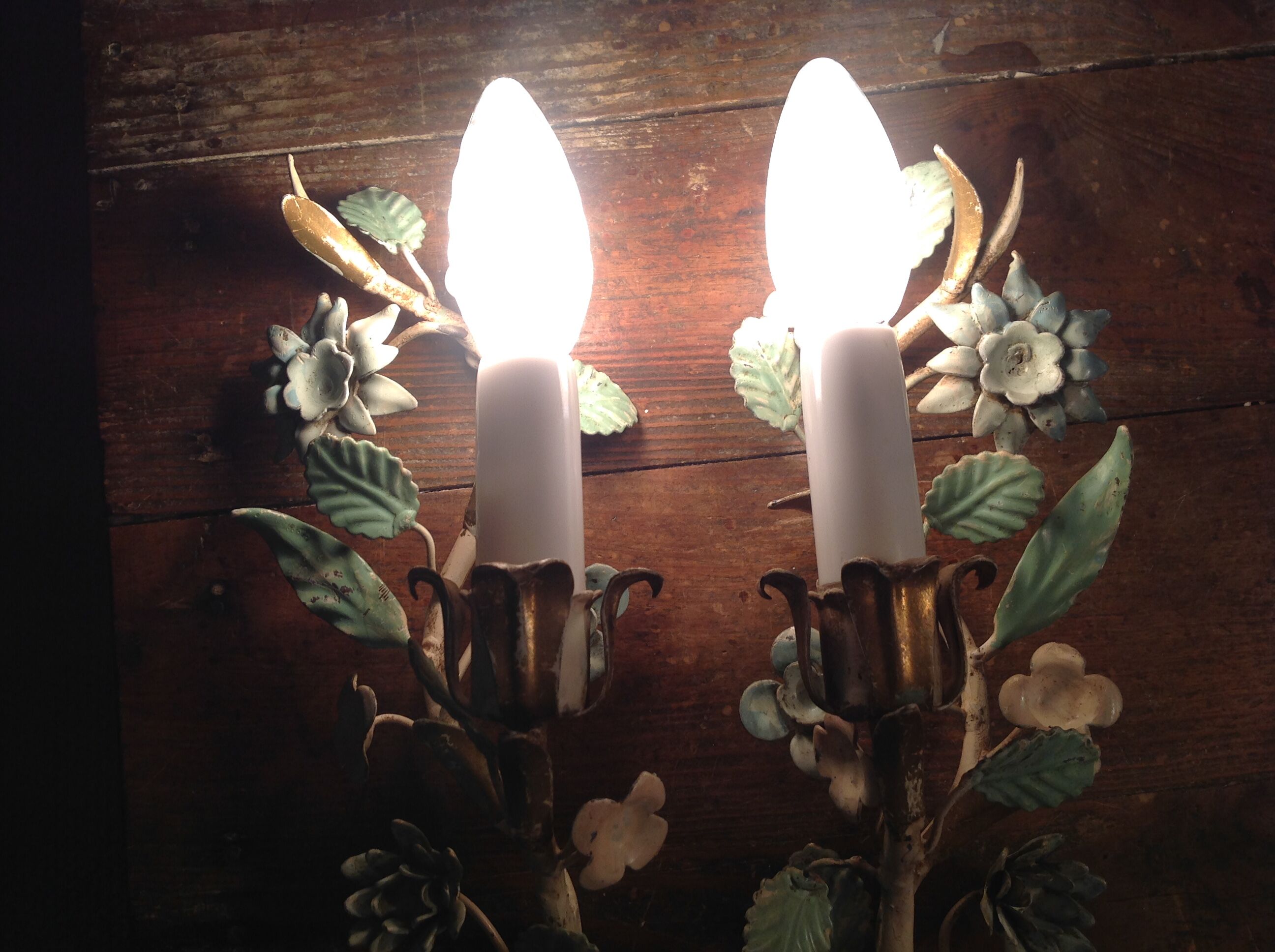 Painted metal flower sconces, vintage, 50s