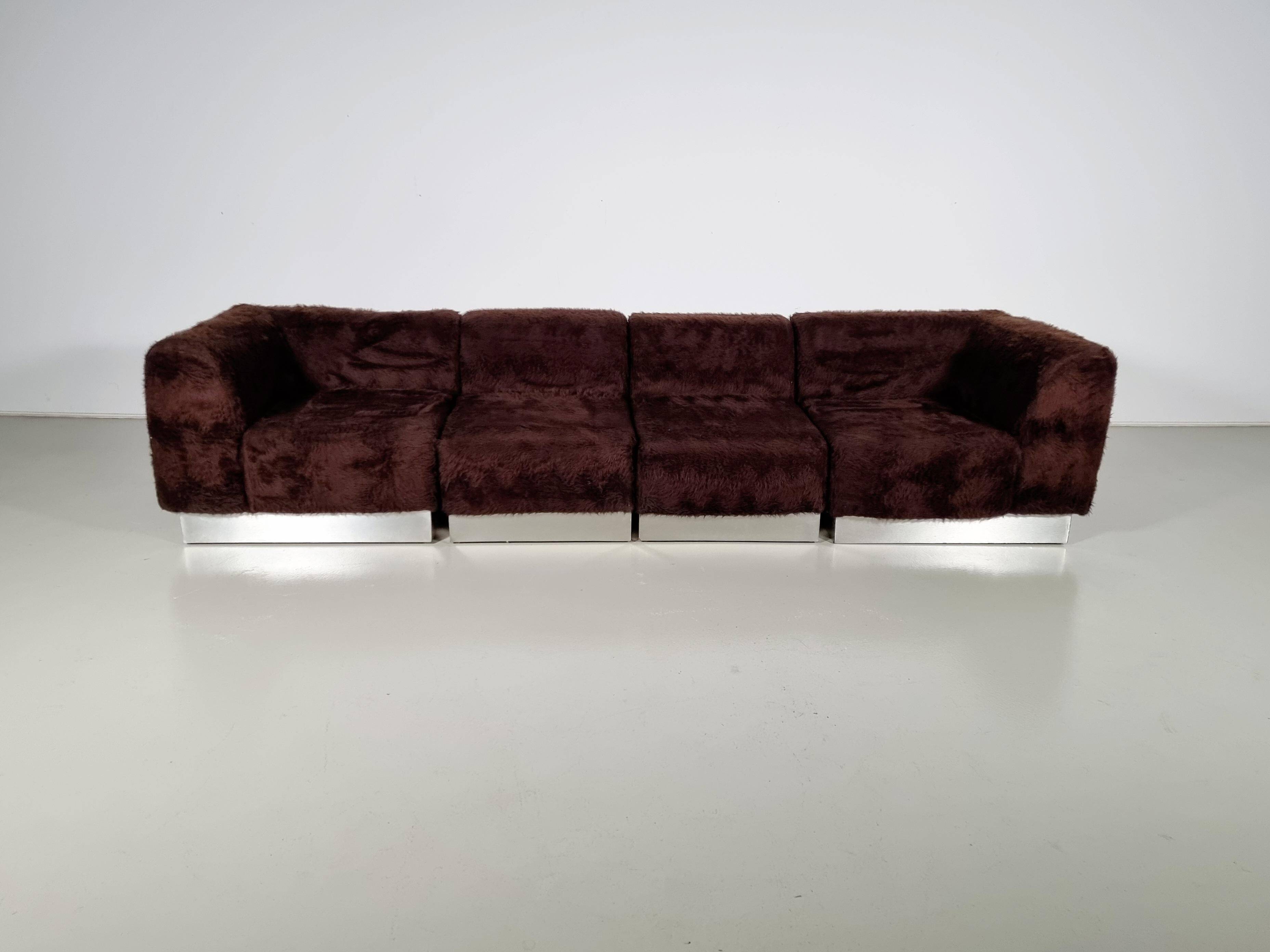 Vintage Italian chrome sectional sofa with faux fur, 1970s.