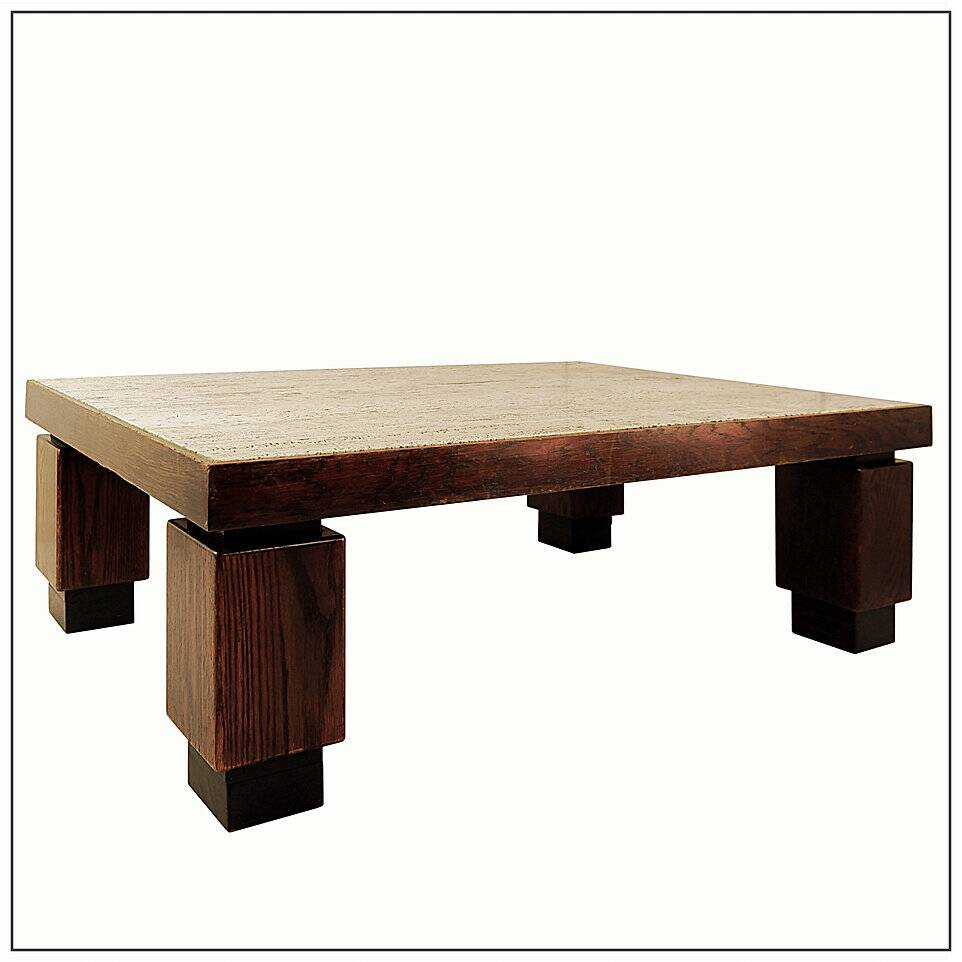 Wood and travertine top large coffee table