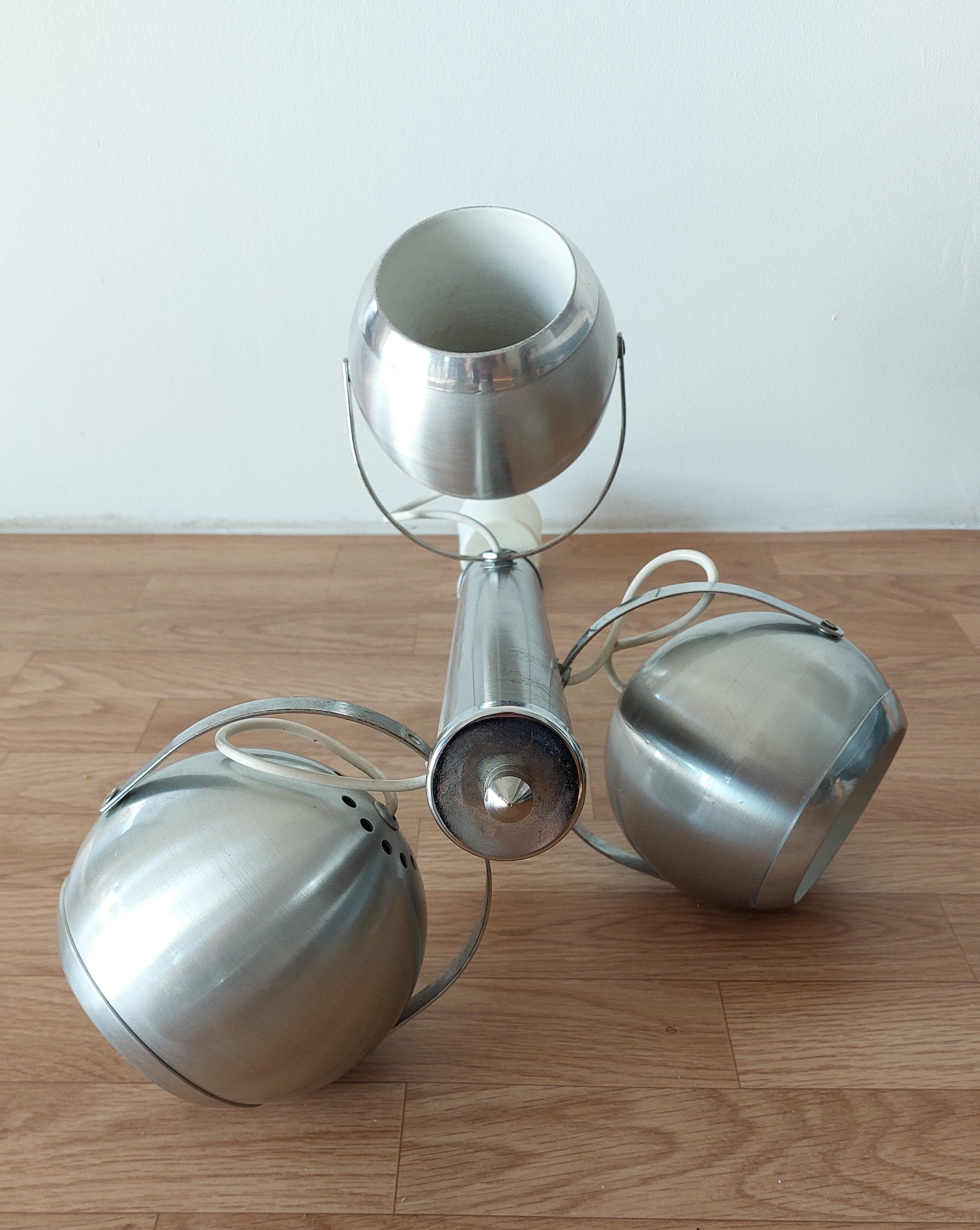Italian chandelier with three lights in brushed aluminum 1970 "Eyeball"