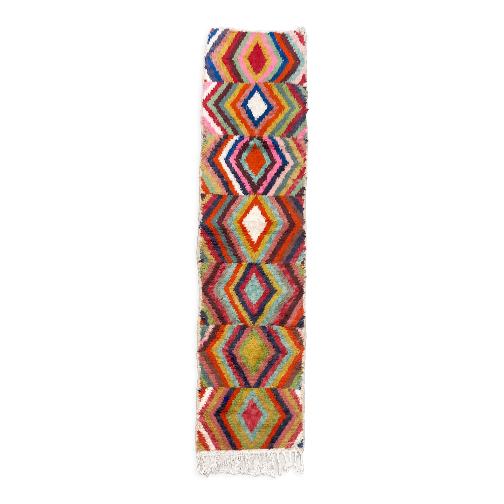 Moroccan Berber rug Boujaad with multicolored diamonds 336x82cm