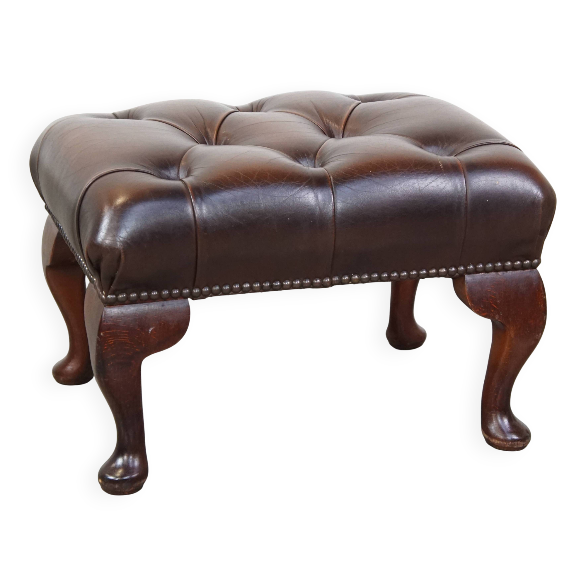 Dark brown cowhide leather Chesterfield ottoman