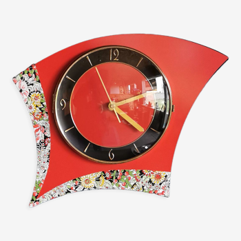 Horloge formica vintage pendule murale silencieuse asymétrique "BC Paris rouge noir fleurs"