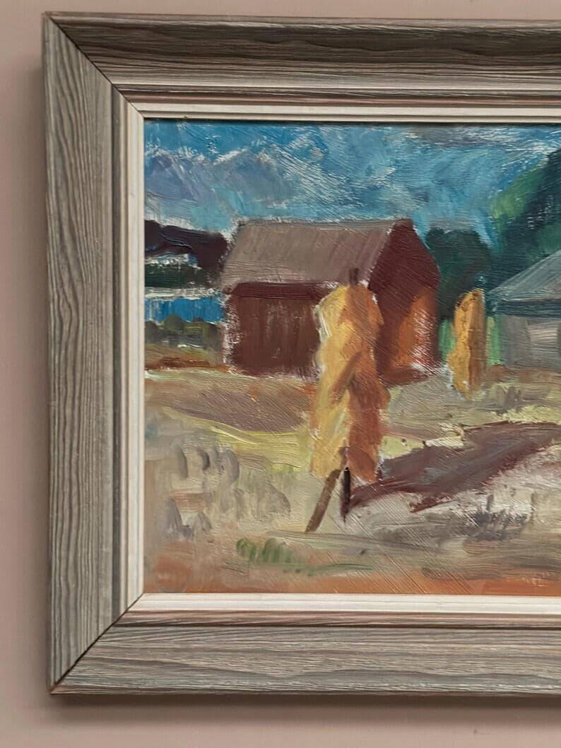 Original Swedish Oil on Panel – “Landscape with Barns” – Vintage & Framed