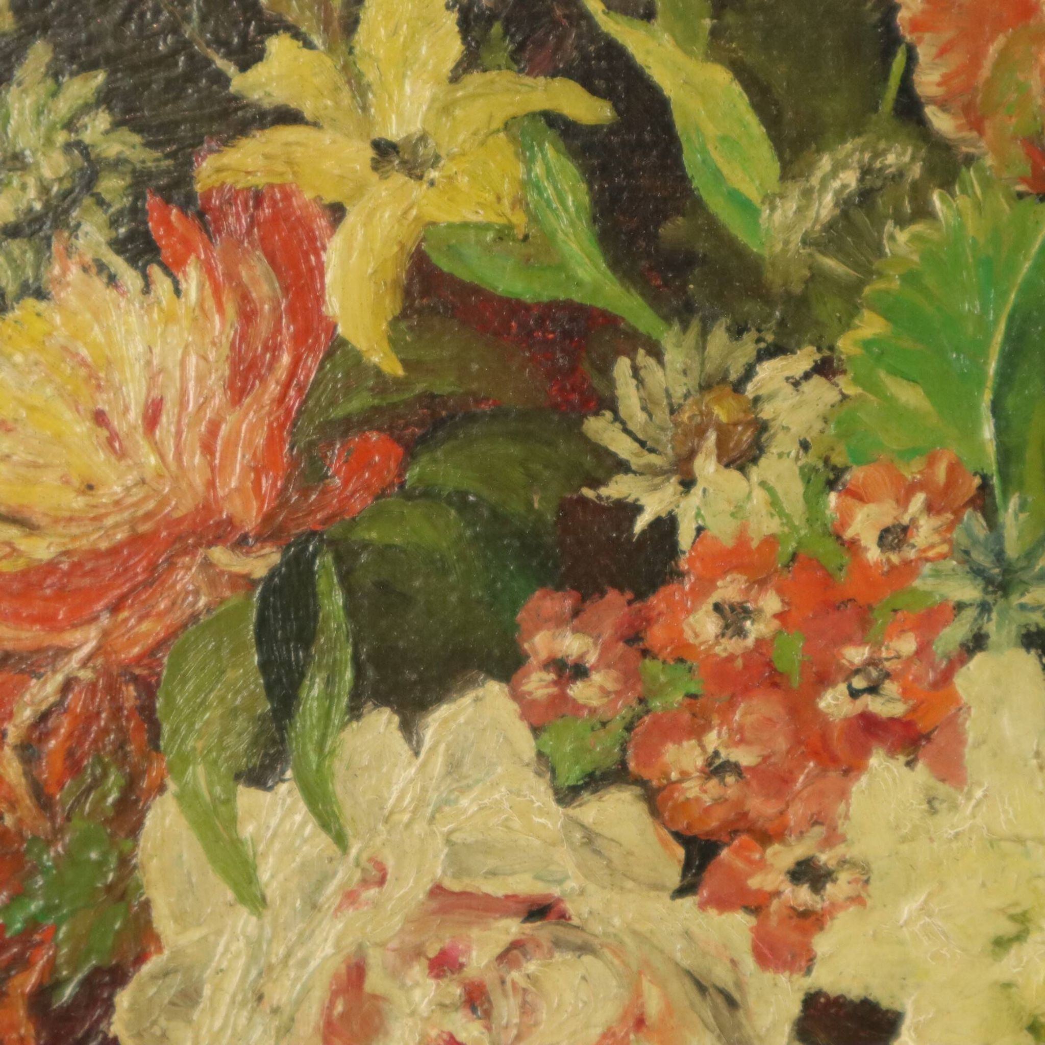 Flowers in Vase Still Life Painting Oil on Canvas Framed Signed