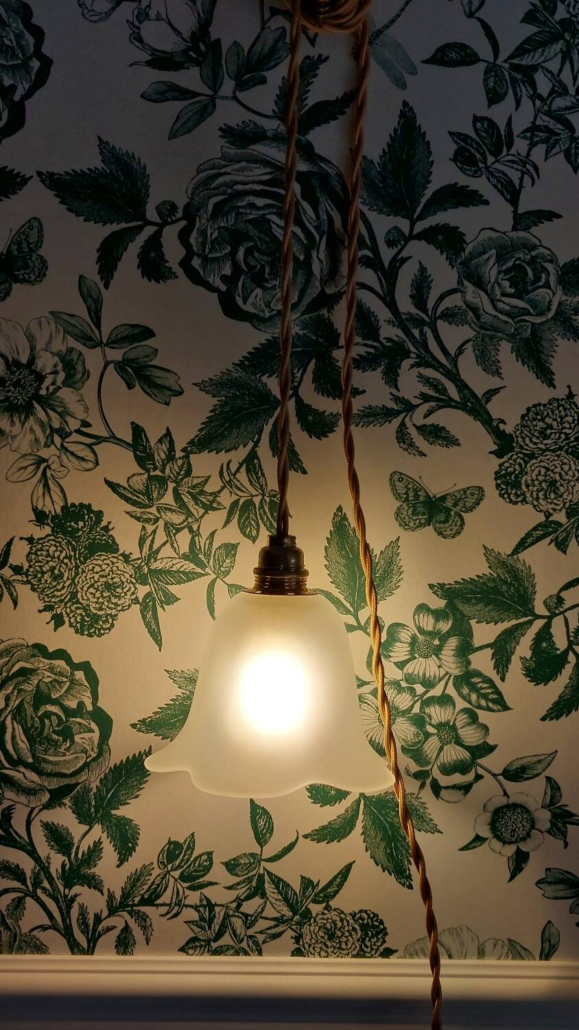 Suspension, glass lamp forming a tulip