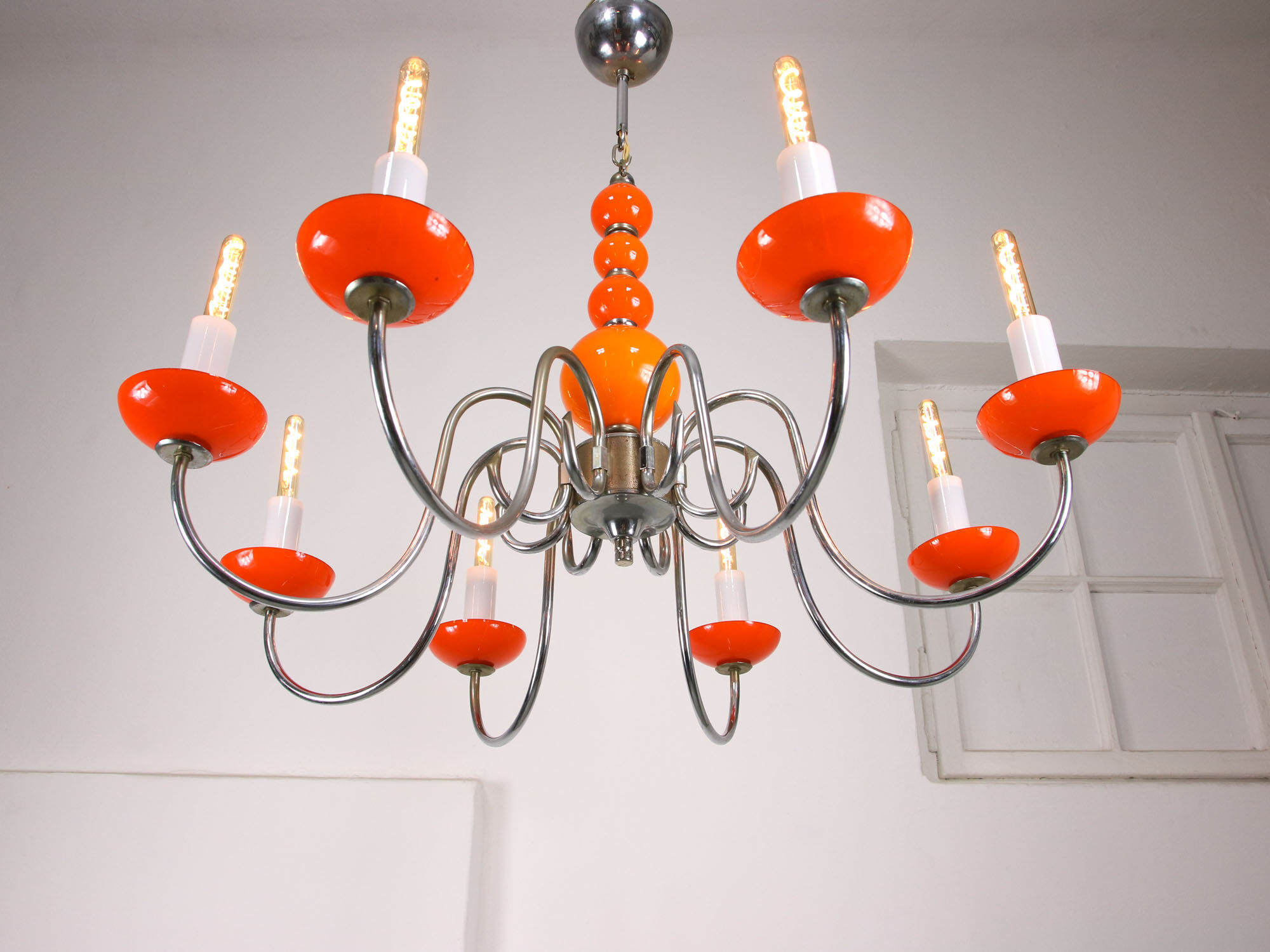 Lustre vintage orange Murano glass 8 bras