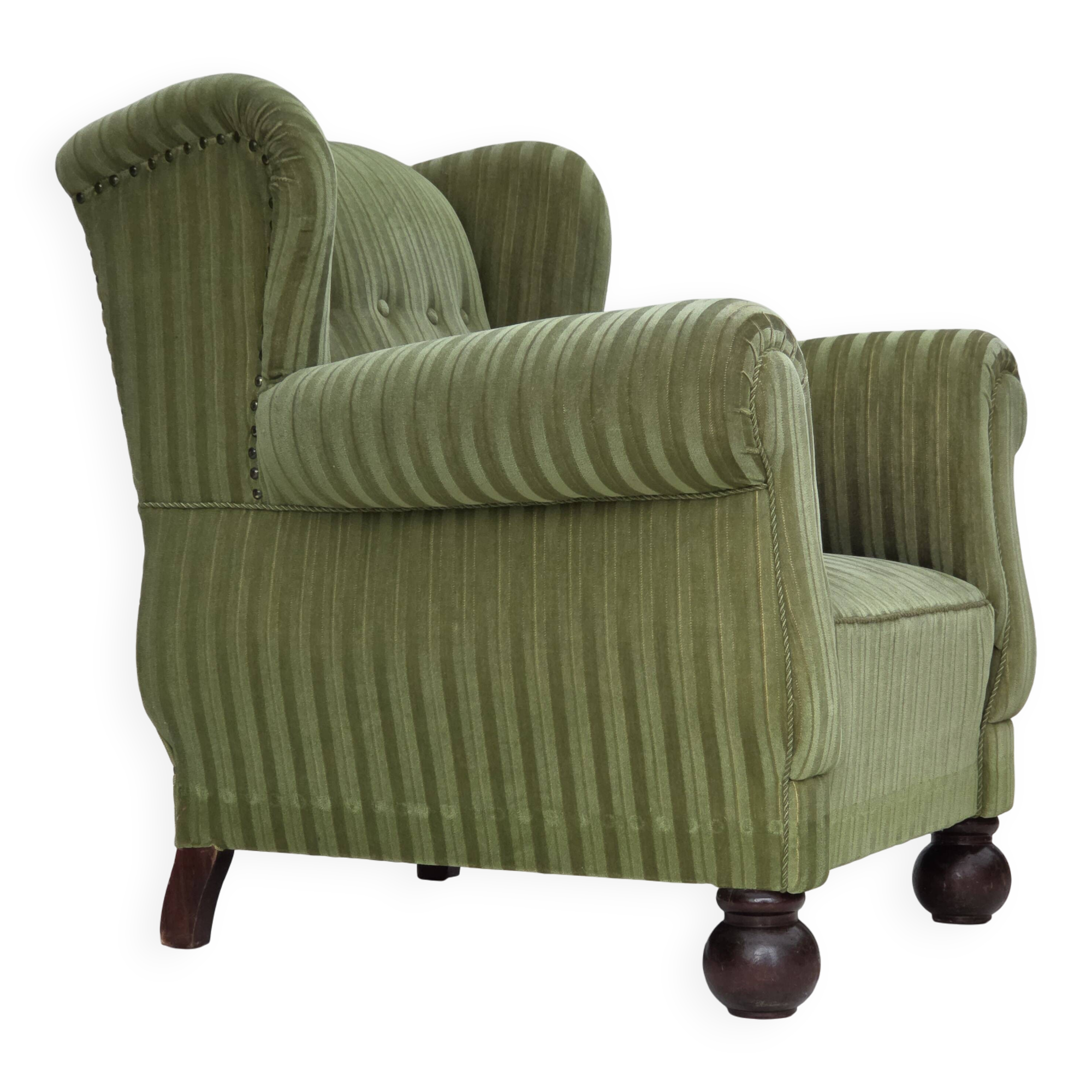 1950s, Danish relax armchair, green furniture velour fabric, ash wood legs.