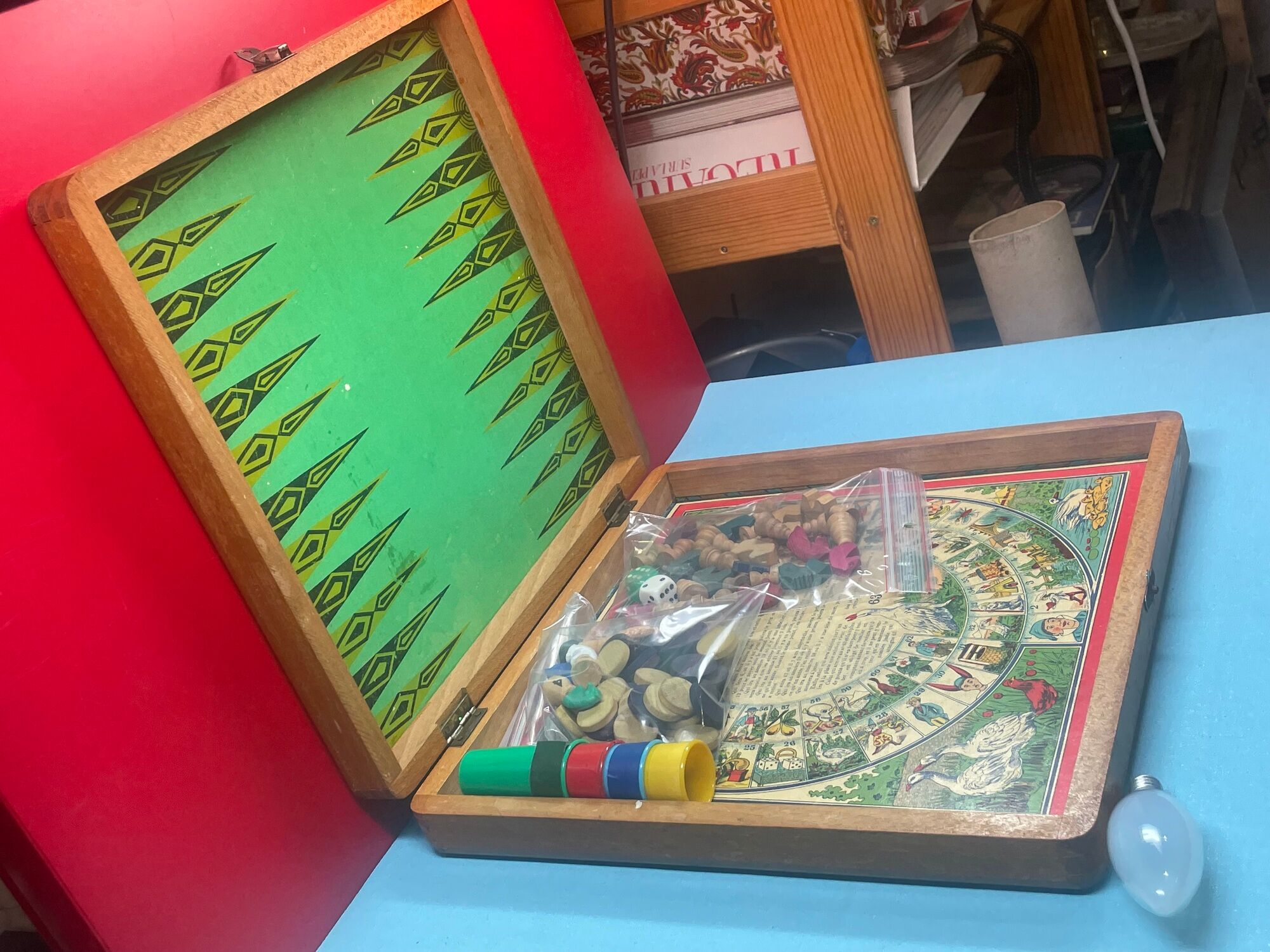 old wooden checkers' box, goose game, dada horses and jacquet with pawns. collectible game