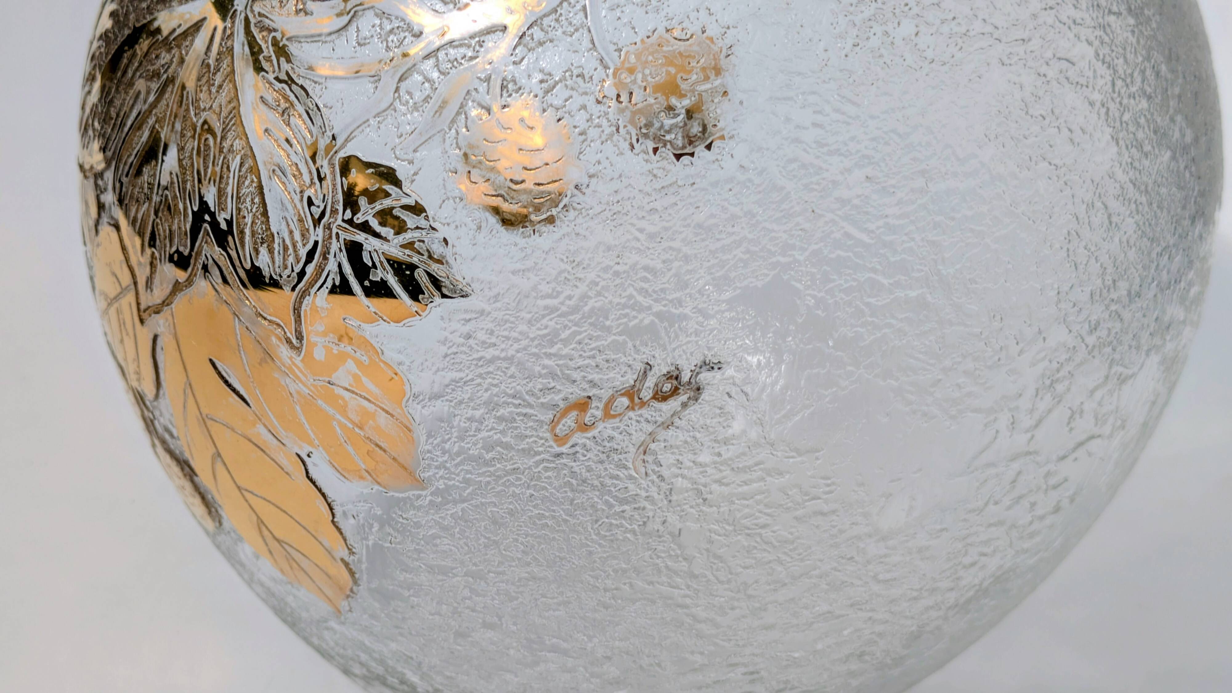 Frosted Glass Ball Vase with Golden Botanical Decoration — Signed Adat — Circa 1950