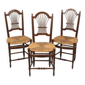 3 chaises en bois et paille, décor de gerbe de blé