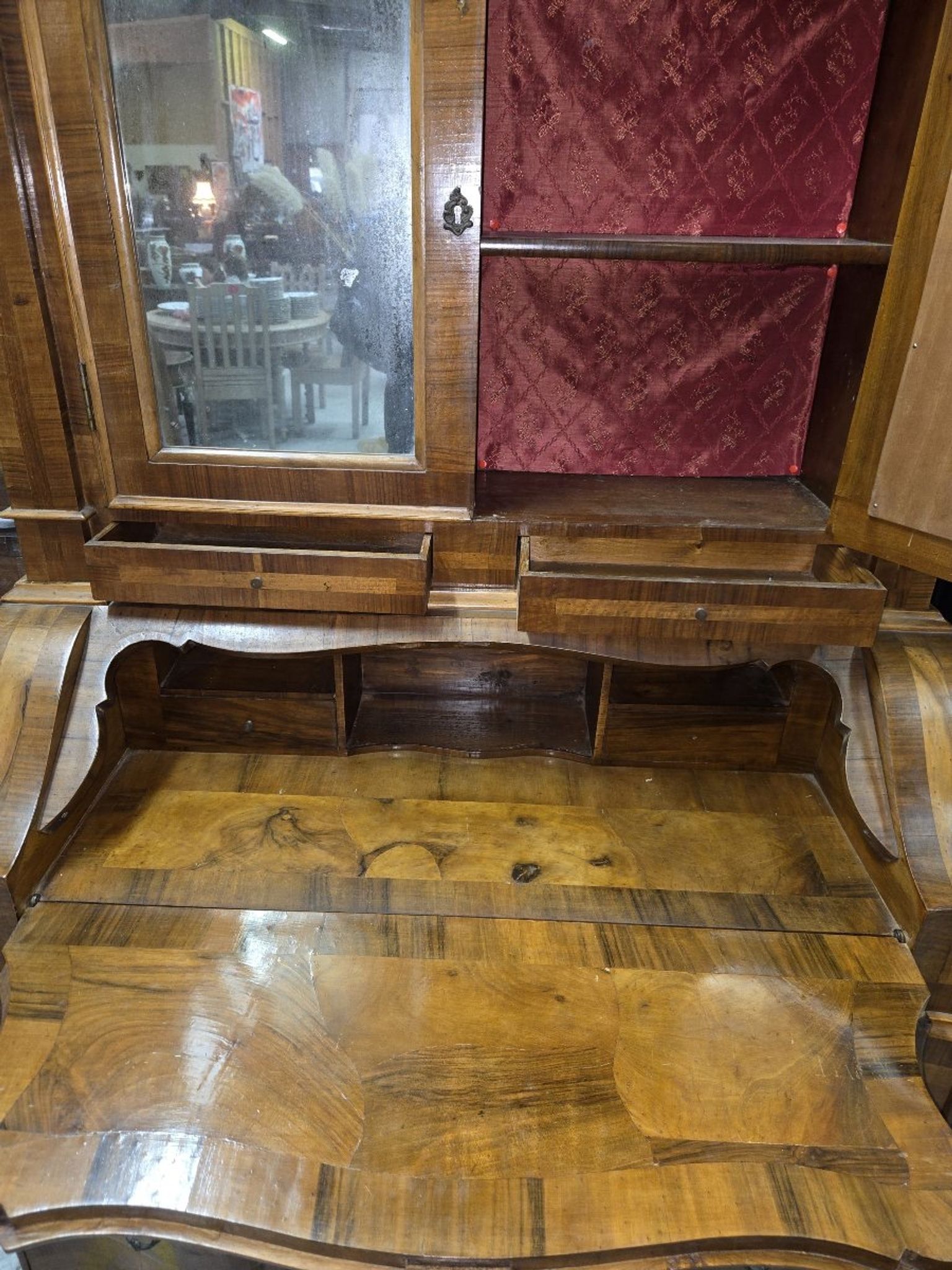 Venetian style Louis XV scriban secretary in marquetry walnut.