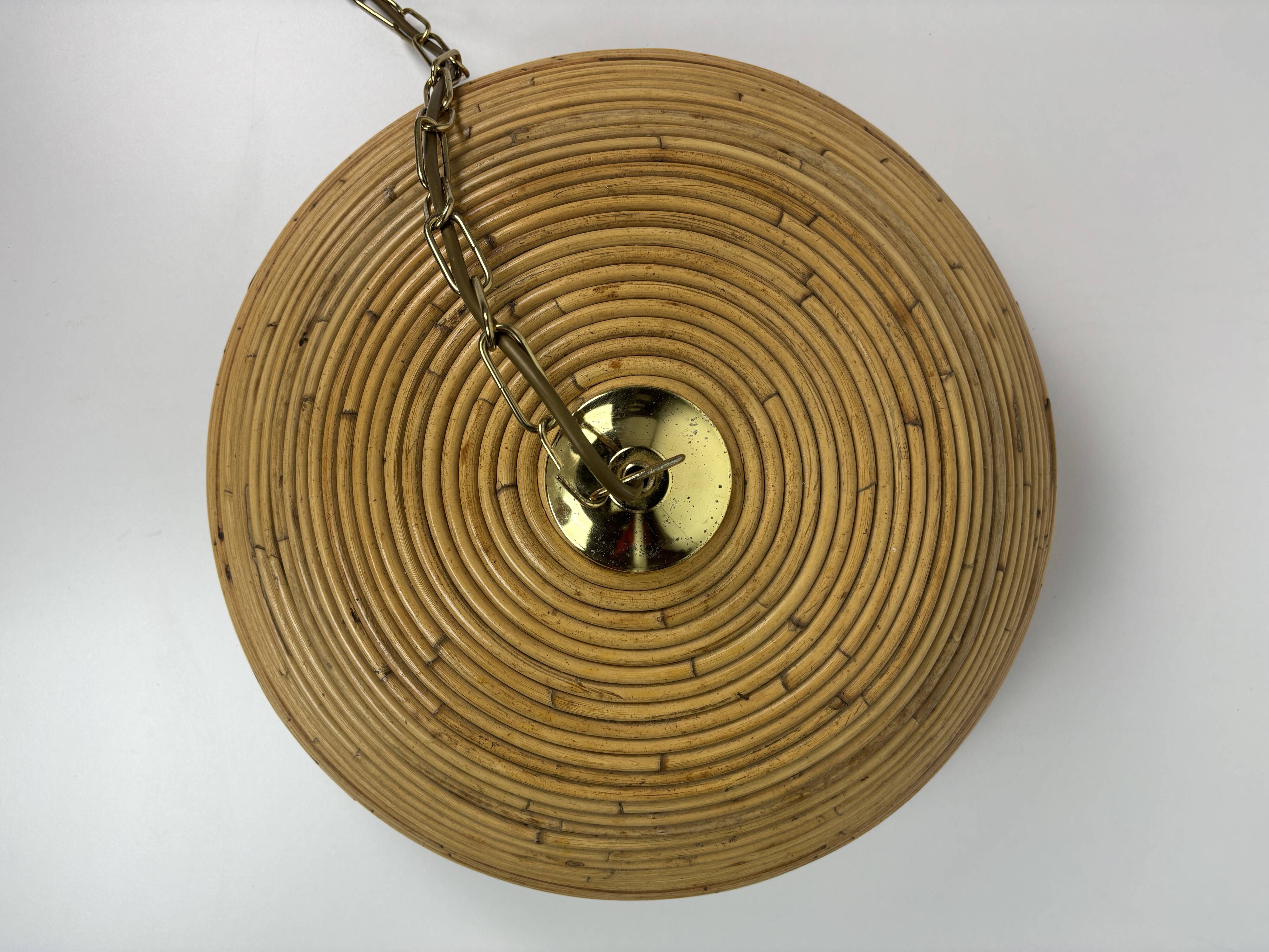 Midcentury Pencil Reed, Rattan, Bamboo and Brass Pendant Hanging Lamp, 1970