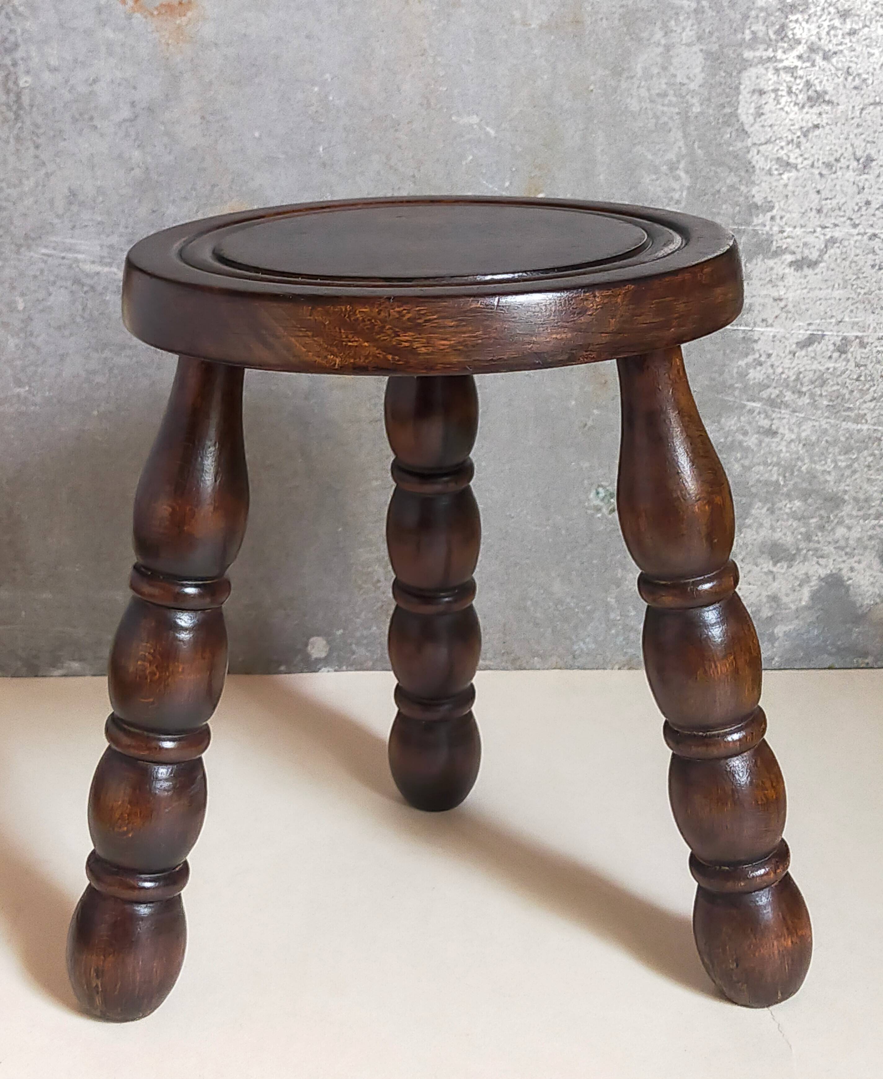 Vintage solid turned wood tripod stool