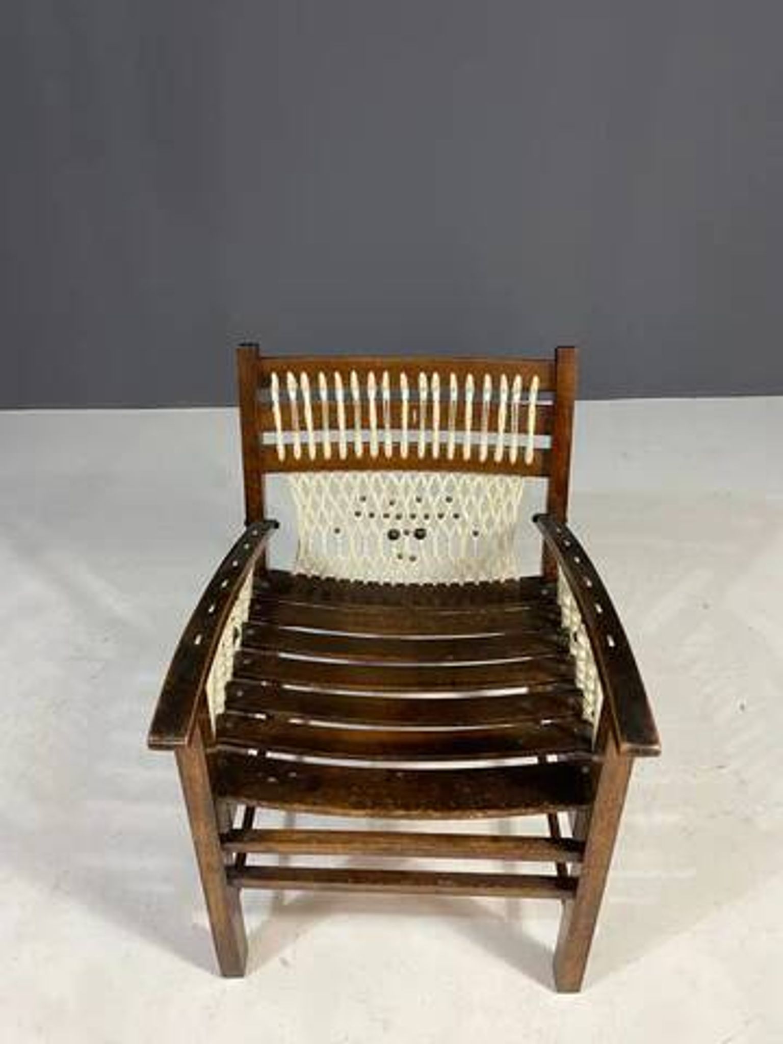 Vintage macramé armchair, 1960s, Czechoslovakia, wooden frame