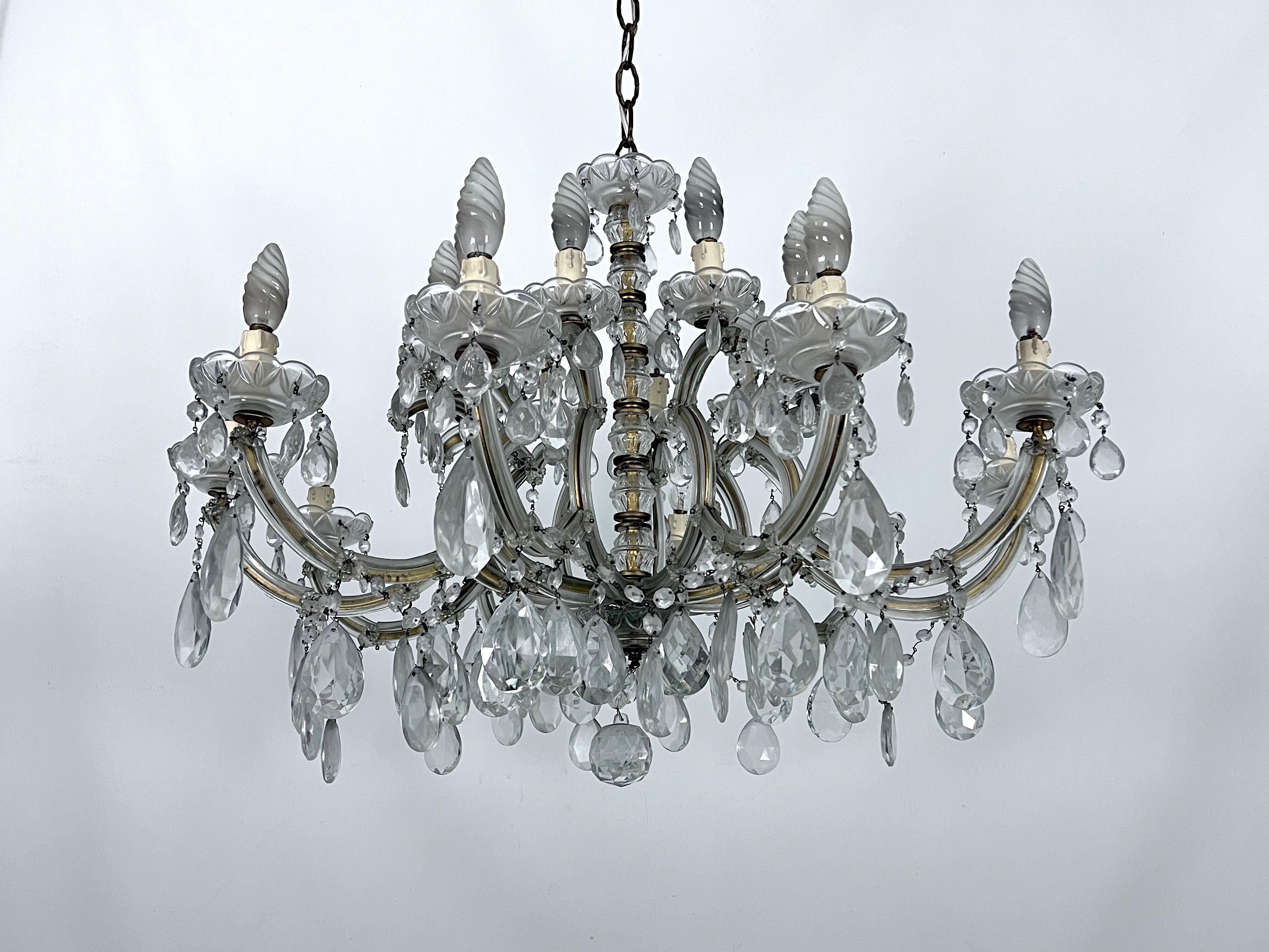 Mid-Century Maria Teresa crystal and brass large chandelier. Italy 1940s