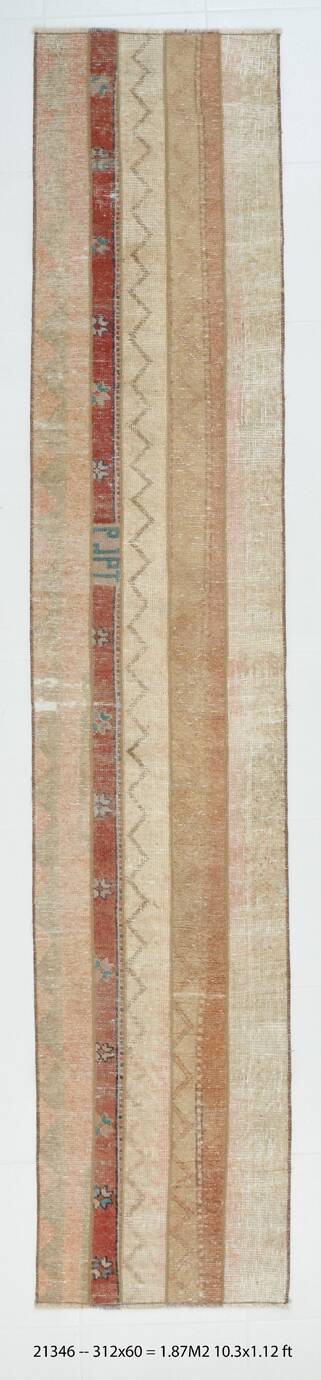 Red & Cream Long Turkish Vintage Runner Rug. 69x312Cm