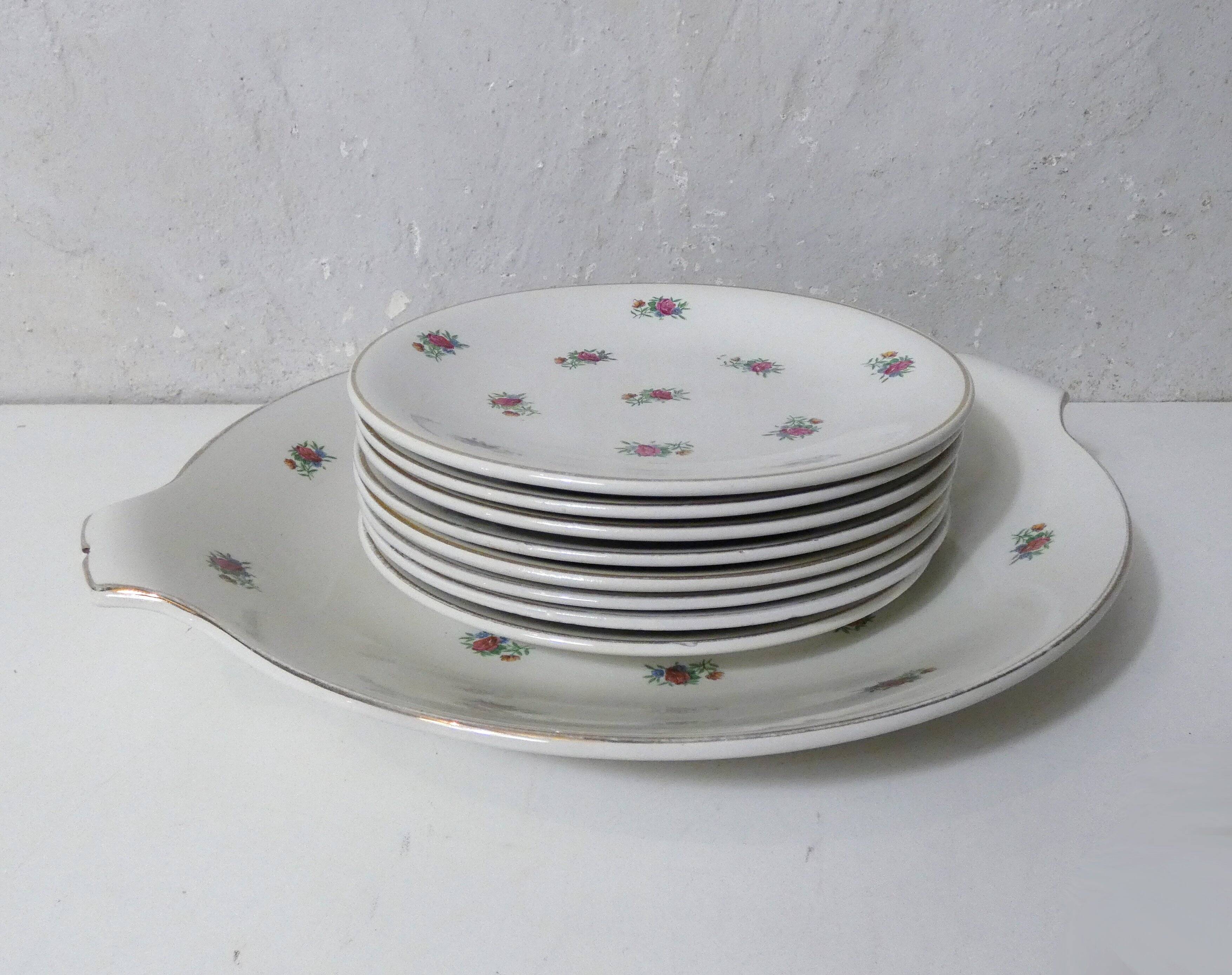 antique dessert service Lunéville 8 plates + 1 cake dish