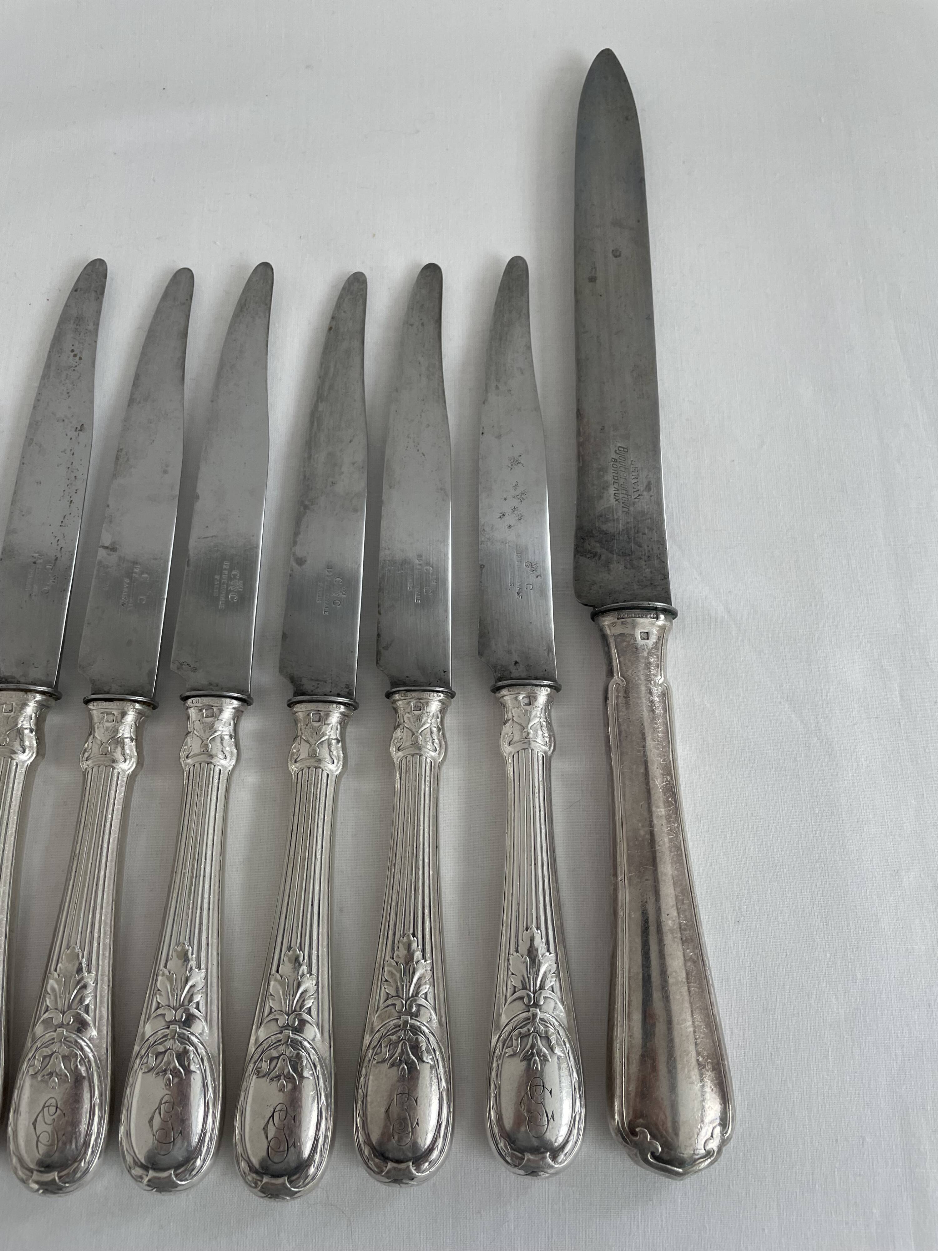 Knife set, Charles Christofle, silver plated metal, Art Nouveau, plant decoration, cheese, large