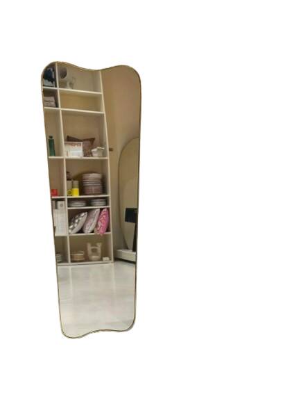 Long trapezoidal mirror in curved gilded brass, art deco modernist