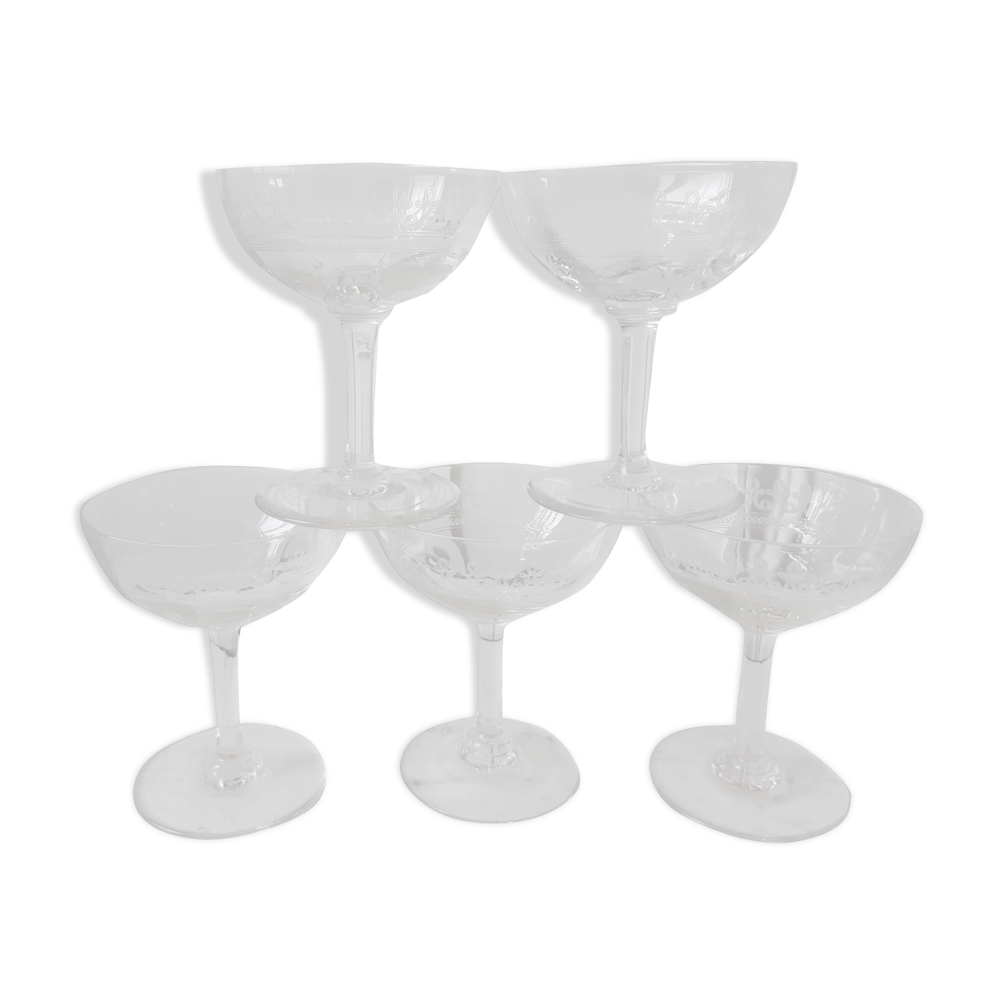 Lot of 5 champagne glasses engraved in 1920s crystal