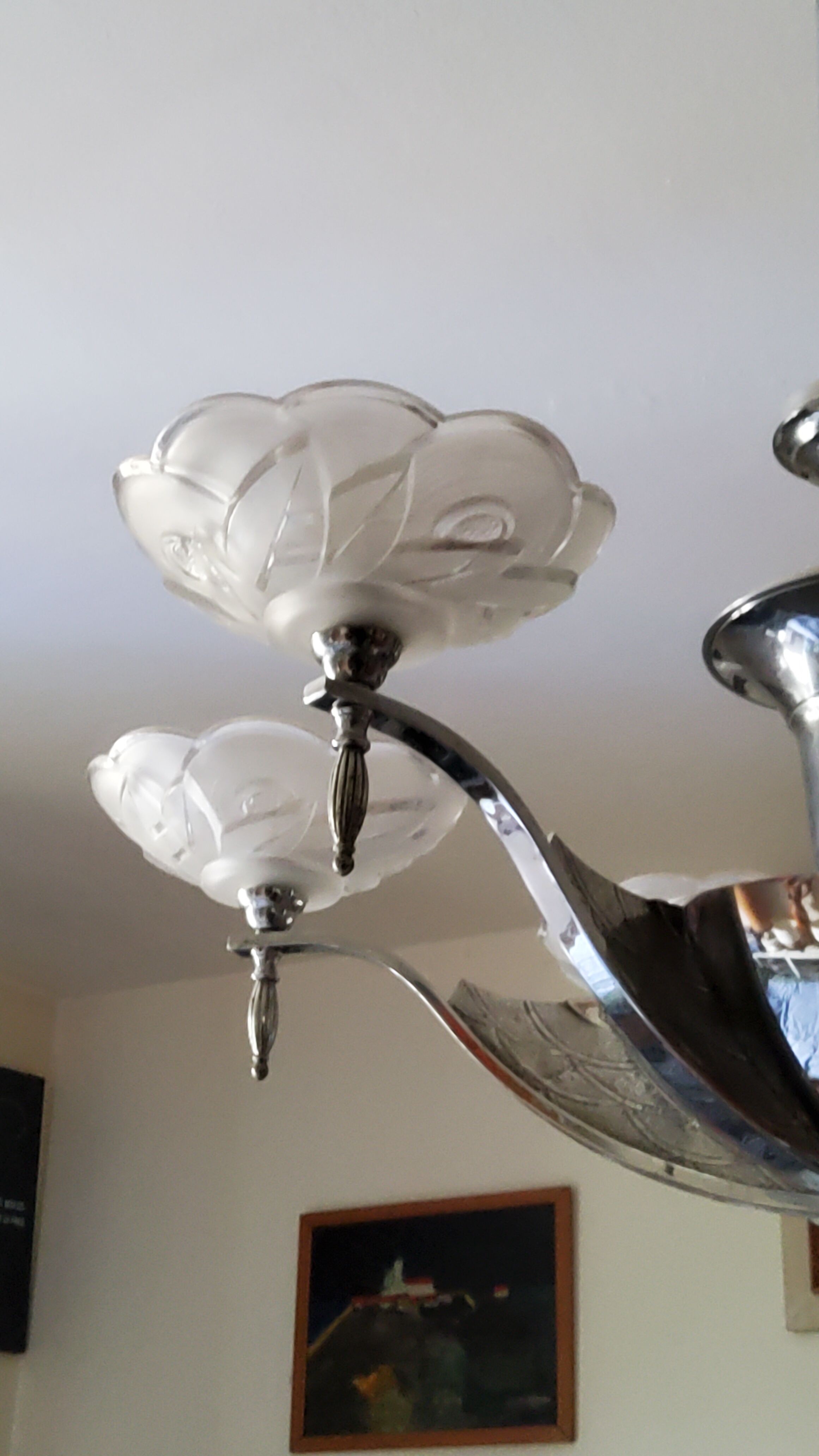 Art deco chandelier in chromed metal and glass 6 arms of lights