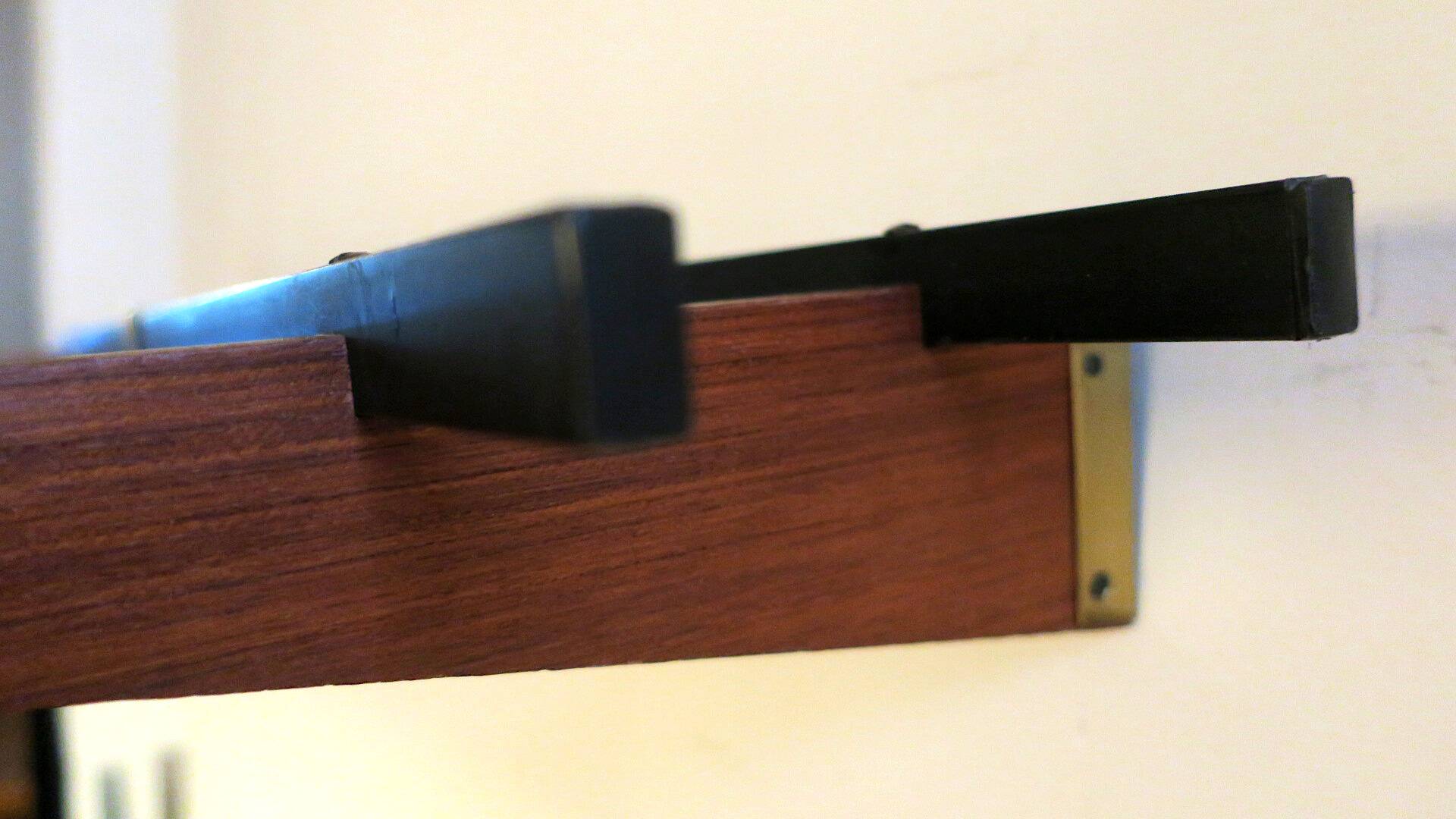 Teak and brass coat and hat rack with 7 sliding hooks, 1960s