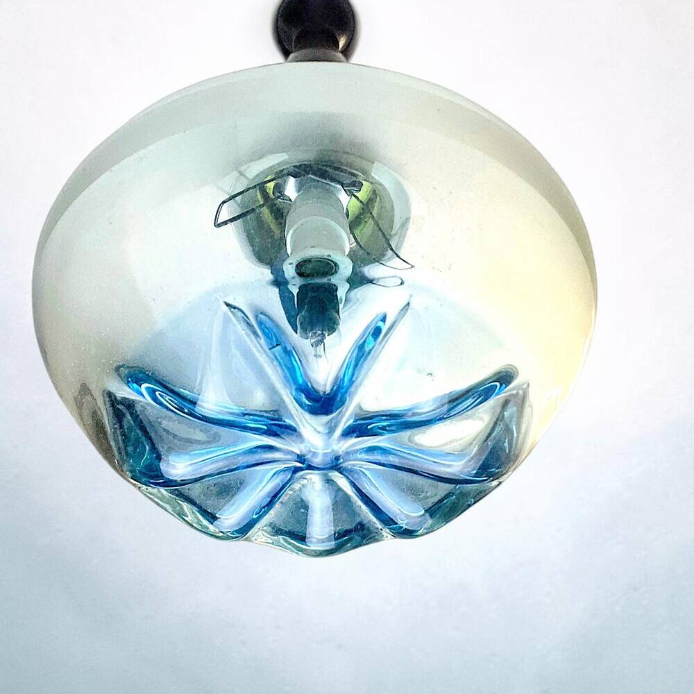 Vintage teak wood agua blue glass pendant lamp