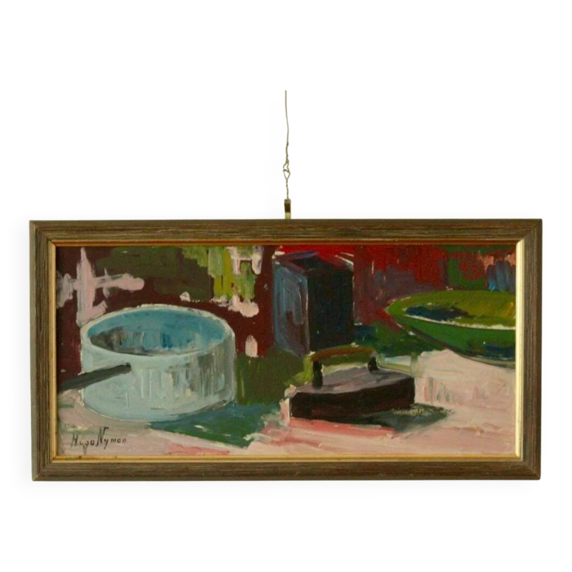 Nature morte suédoise à l'huile sur panneau avec fer et pot par Hugo Nyman