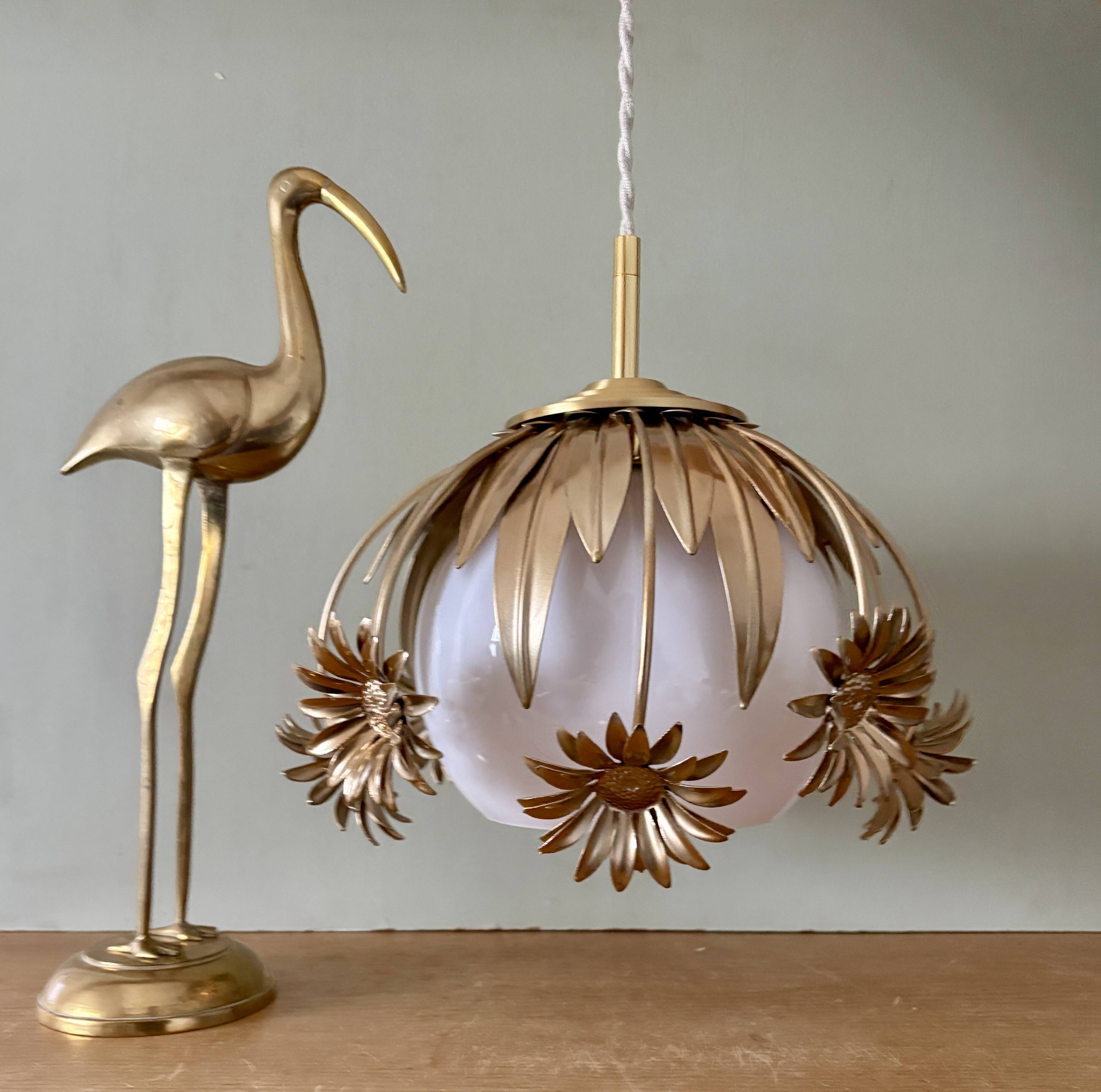 Pendant light in gilded metal and antique opaline globe