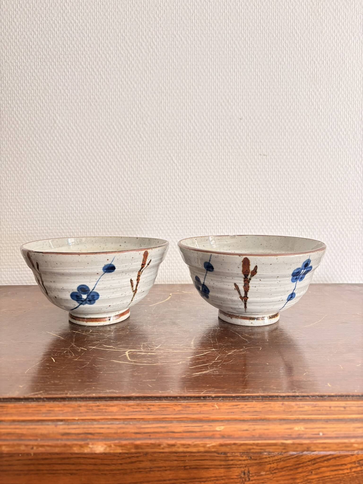 Lot 2 Tea Bowls Rice Stoneware Glazed Chawan Plum Blossom Chinese Japanese