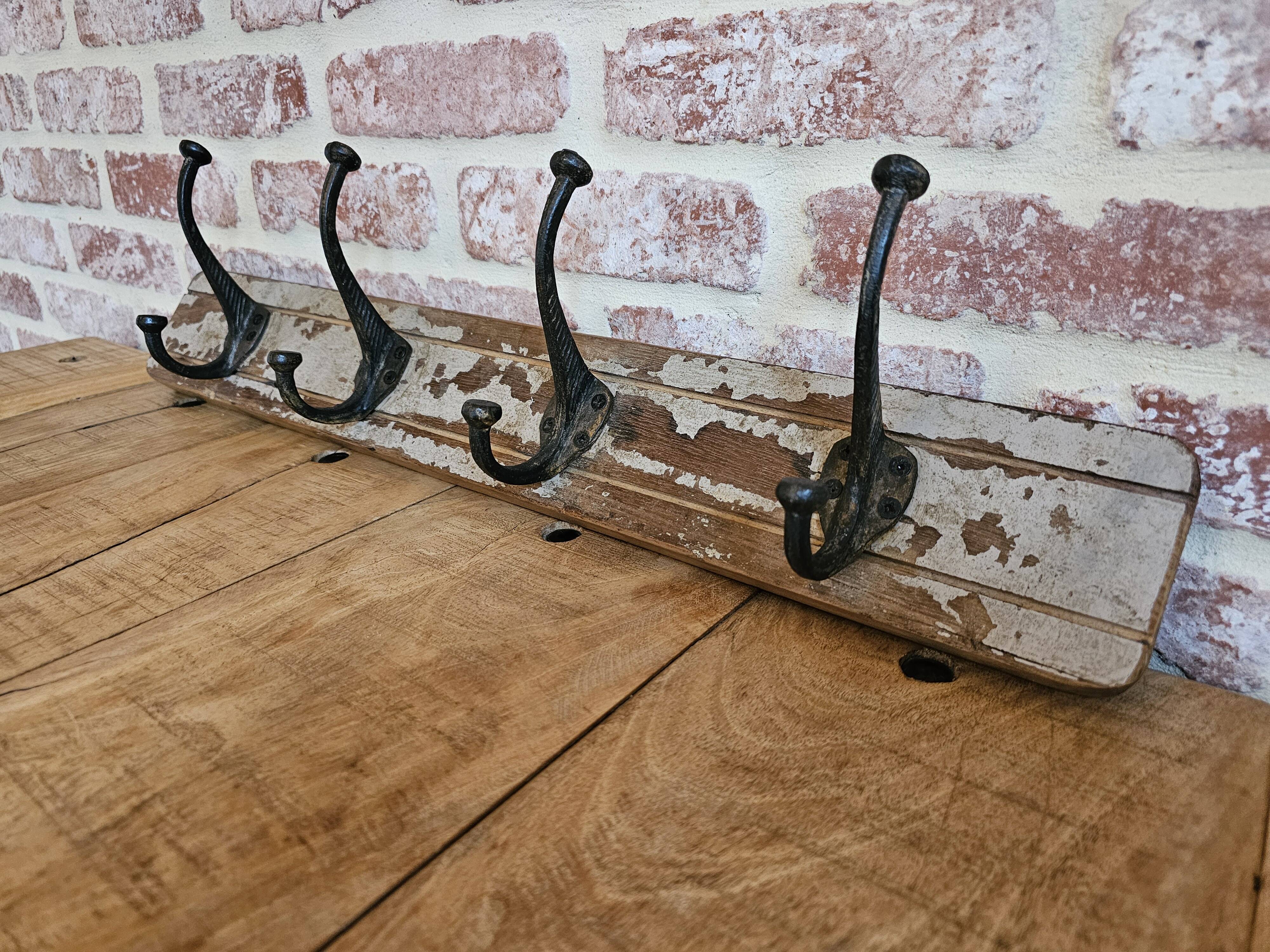 Solid teak coat hook with 4 double cast iron hooks