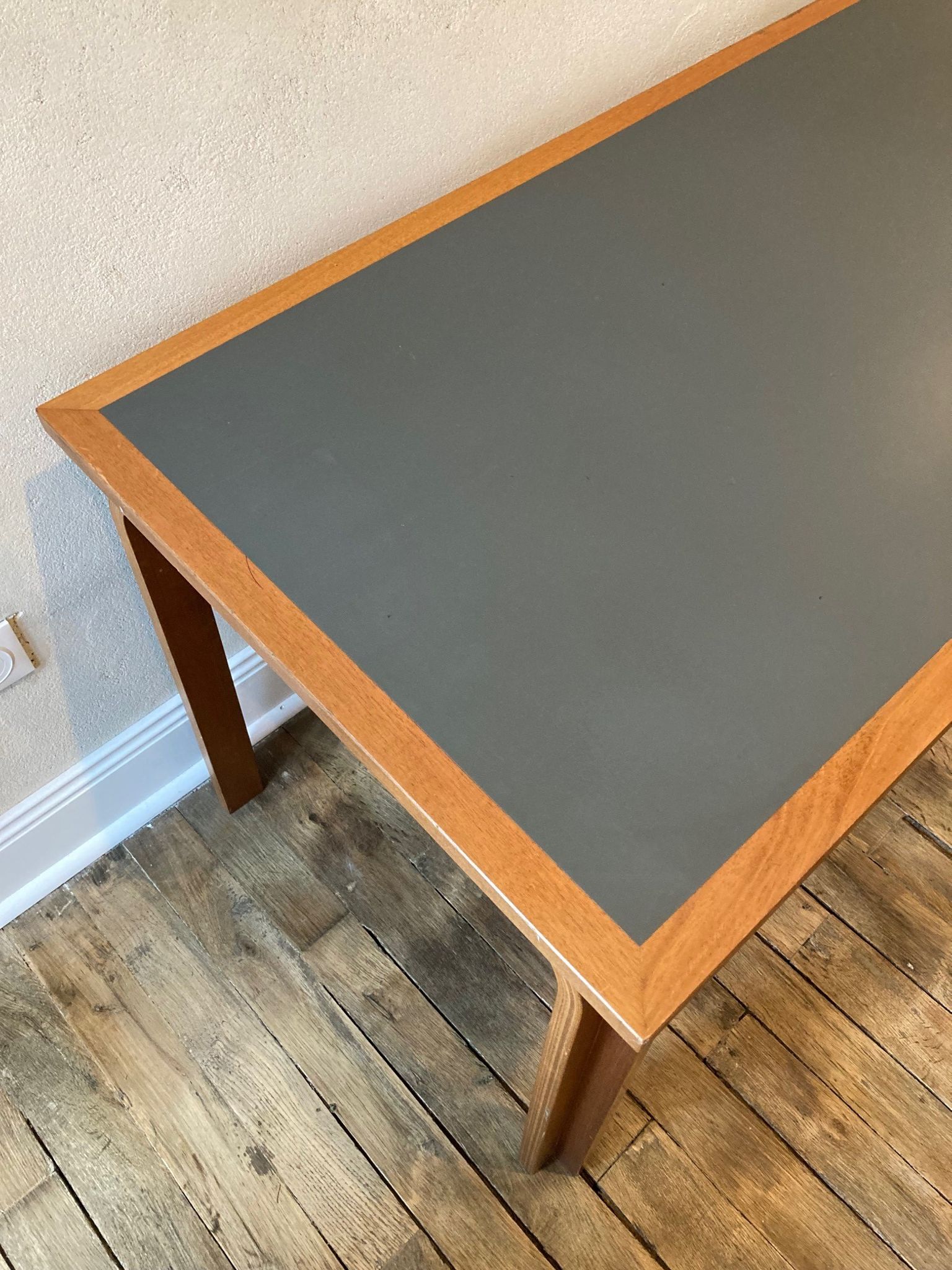 Teak veneer and green linoleum pedestal desk, Rud Thygesen & Johny Sorensen