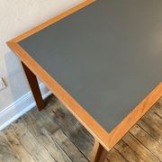 Teak veneer and green linoleum pedestal desk, Rud Thygesen & Johny Sorensen