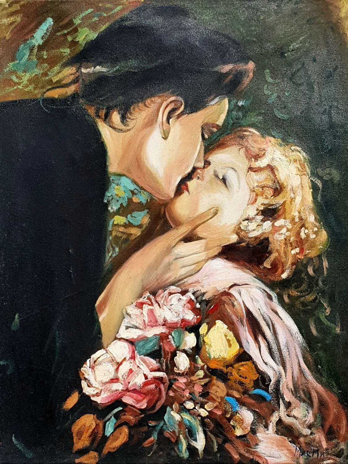 Oil painting on canvas the kiss signed Martin.