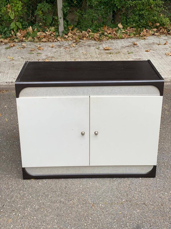 Commode blanche et marron en bois des années 80