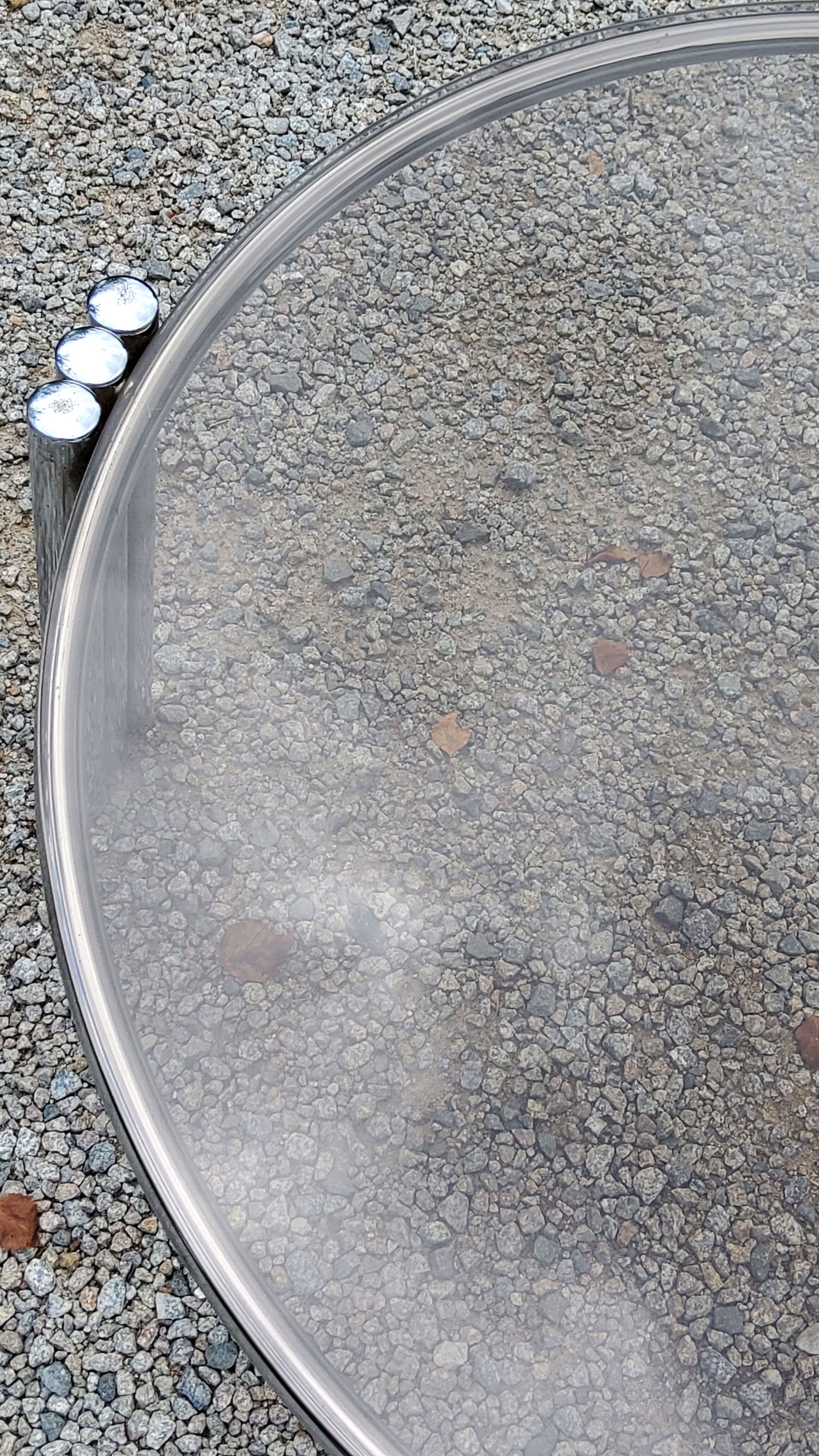 Coffee table design of the 70s smoked glass base chrome Diameter 84cm