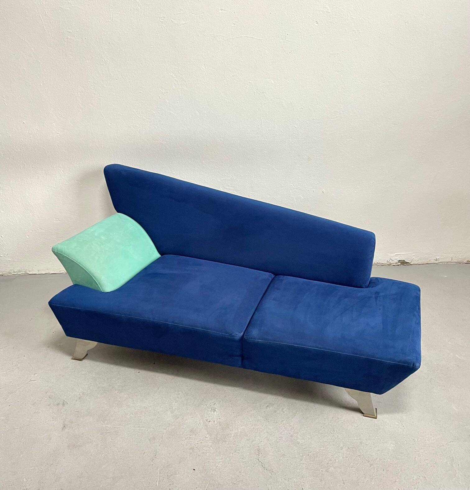 Memphis Style 2-Seat Sofa in Blue Microfibre Fabric, Postmodern 1980s Era