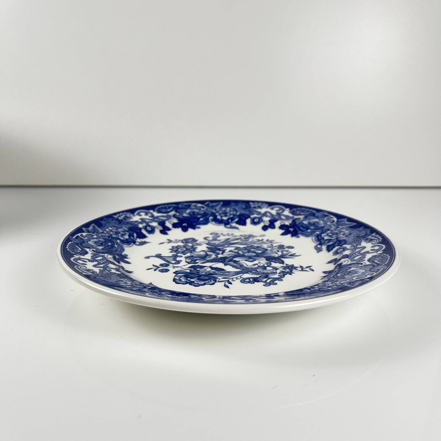 Set of 10 blue earthenware dessert plates with floral and bird decoration